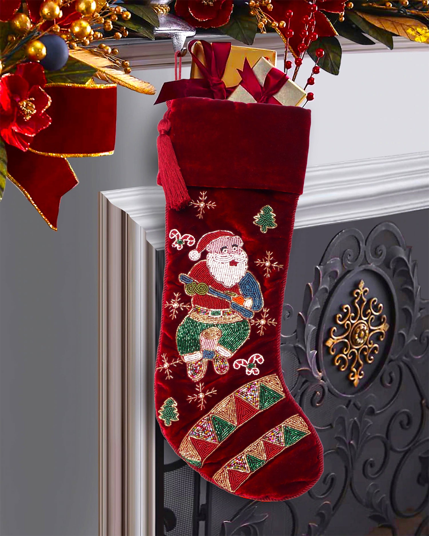 PERSONALISED MUSICAL SANTA RED VELVET CHRISTMAS STOCKING