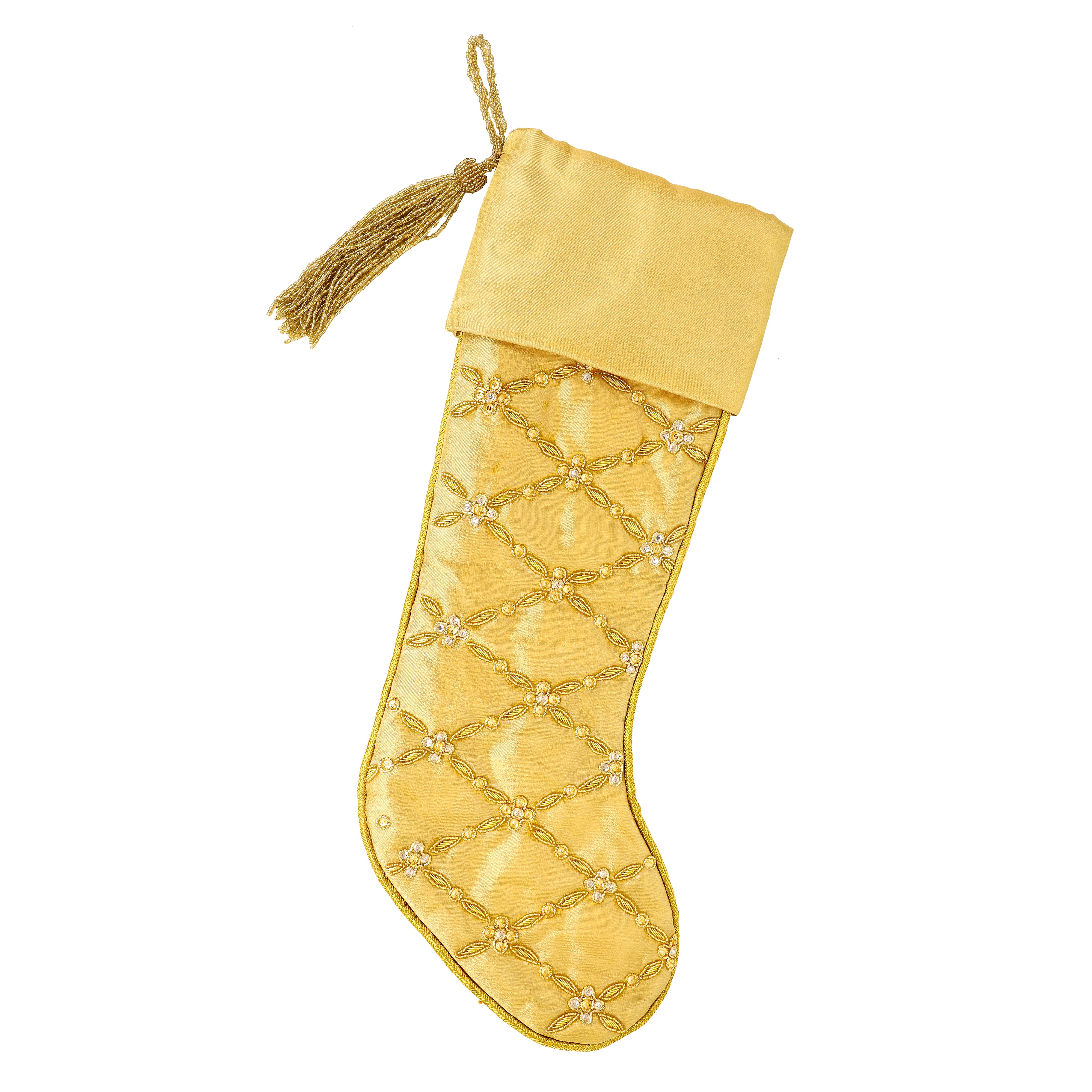 Criss Cross Pearl Leaf Gold Christmas Tree Skirt & Matching Christmas stocking set.