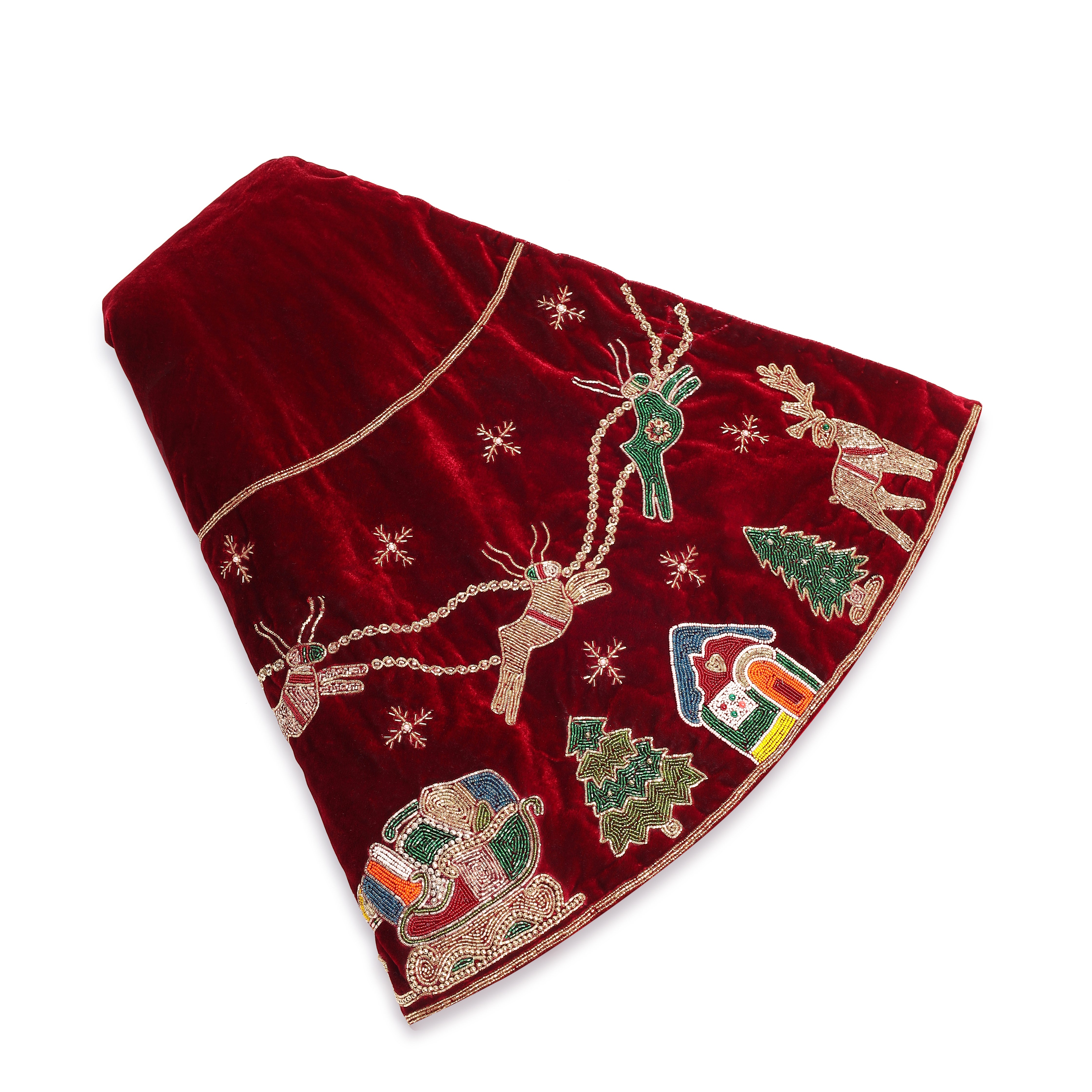 Reindeer Over the City Red Velvet Christmas Tree Skirt