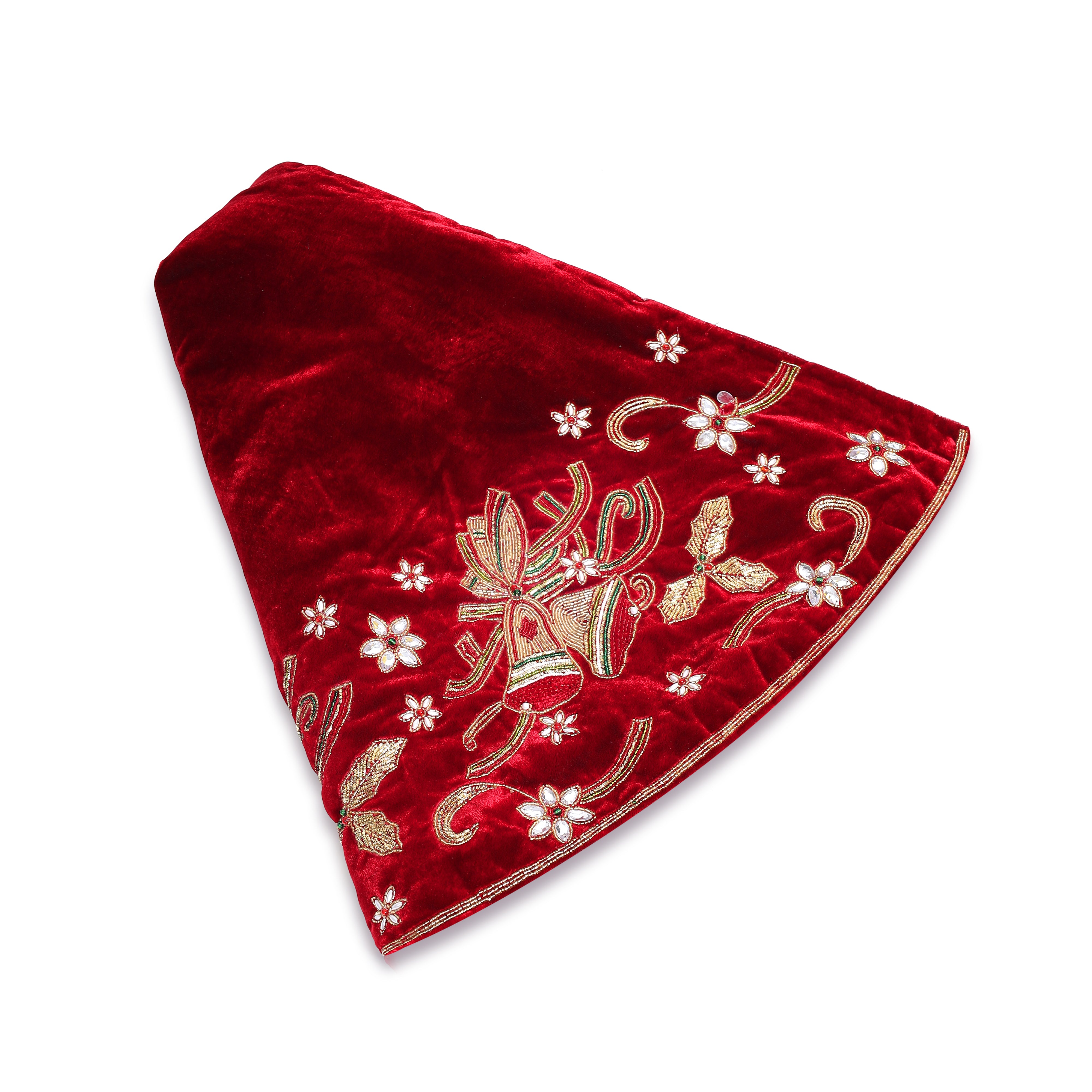 Christmas Bells Embroided Red Velvet Christmas Tree Skirt