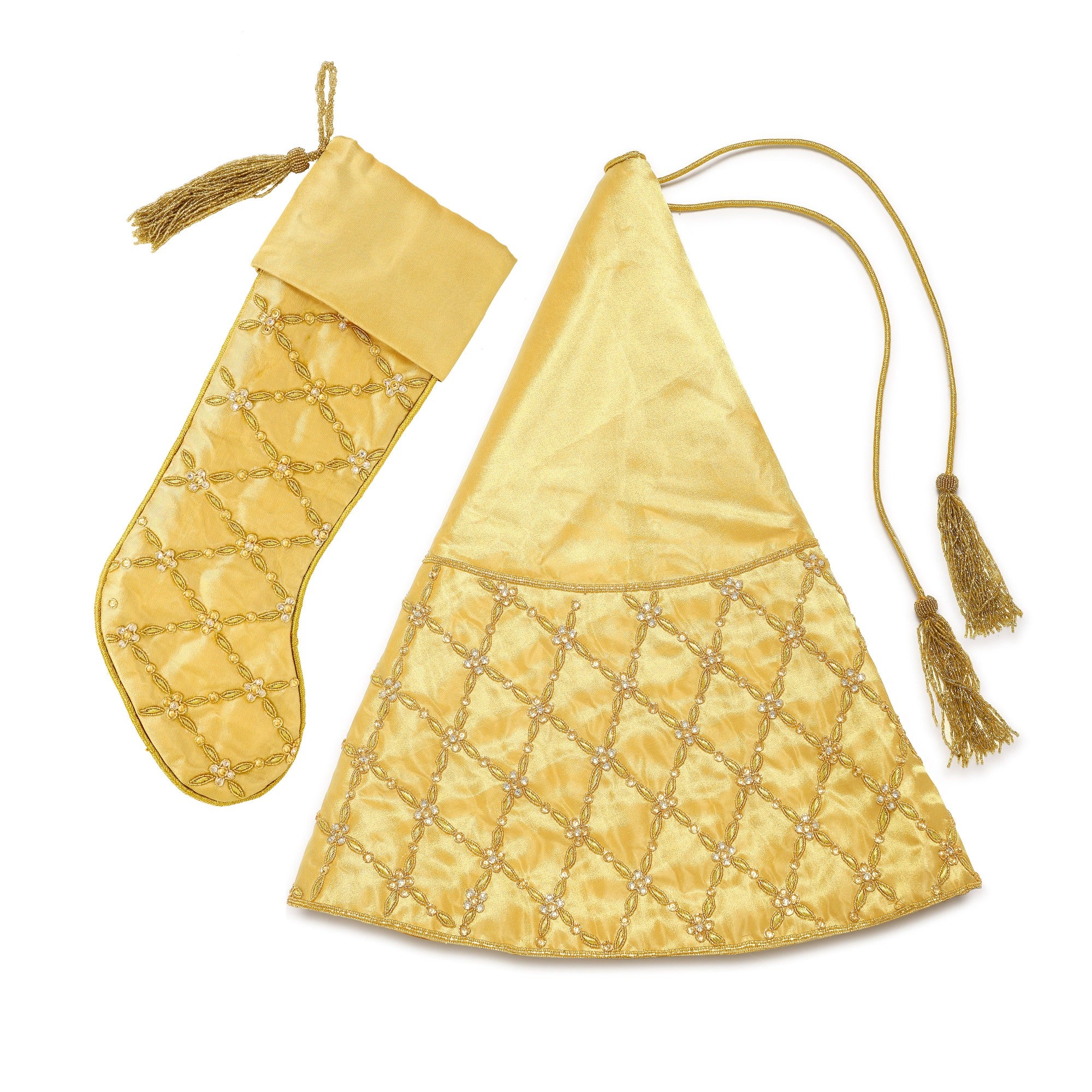 Criss Cross Pearl Leaf Gold Christmas Tree Skirt & Matching Christmas stocking set.