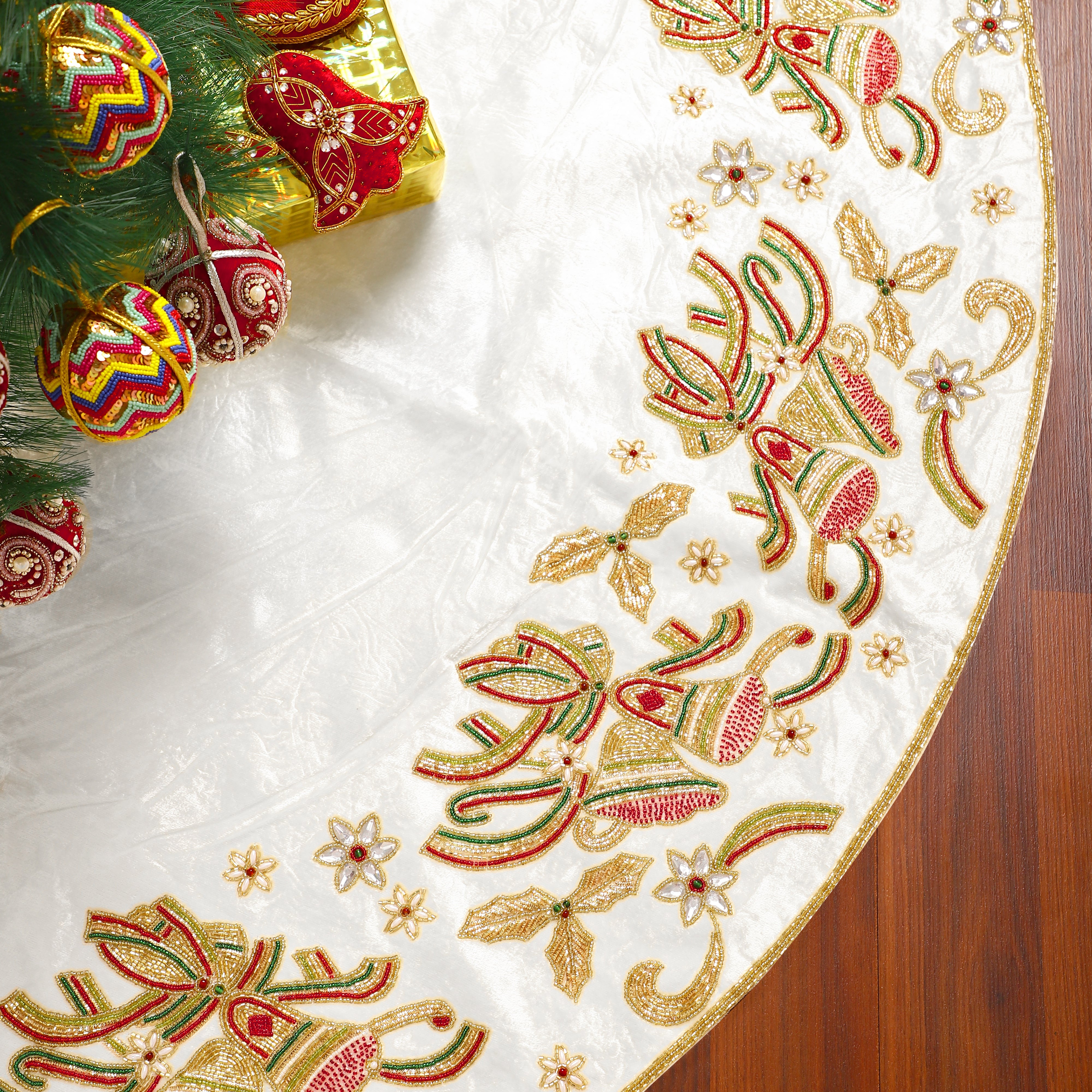 Christmas Bells Embroided White Velvet Christmas Tree Skirt & Matching Stocking Set