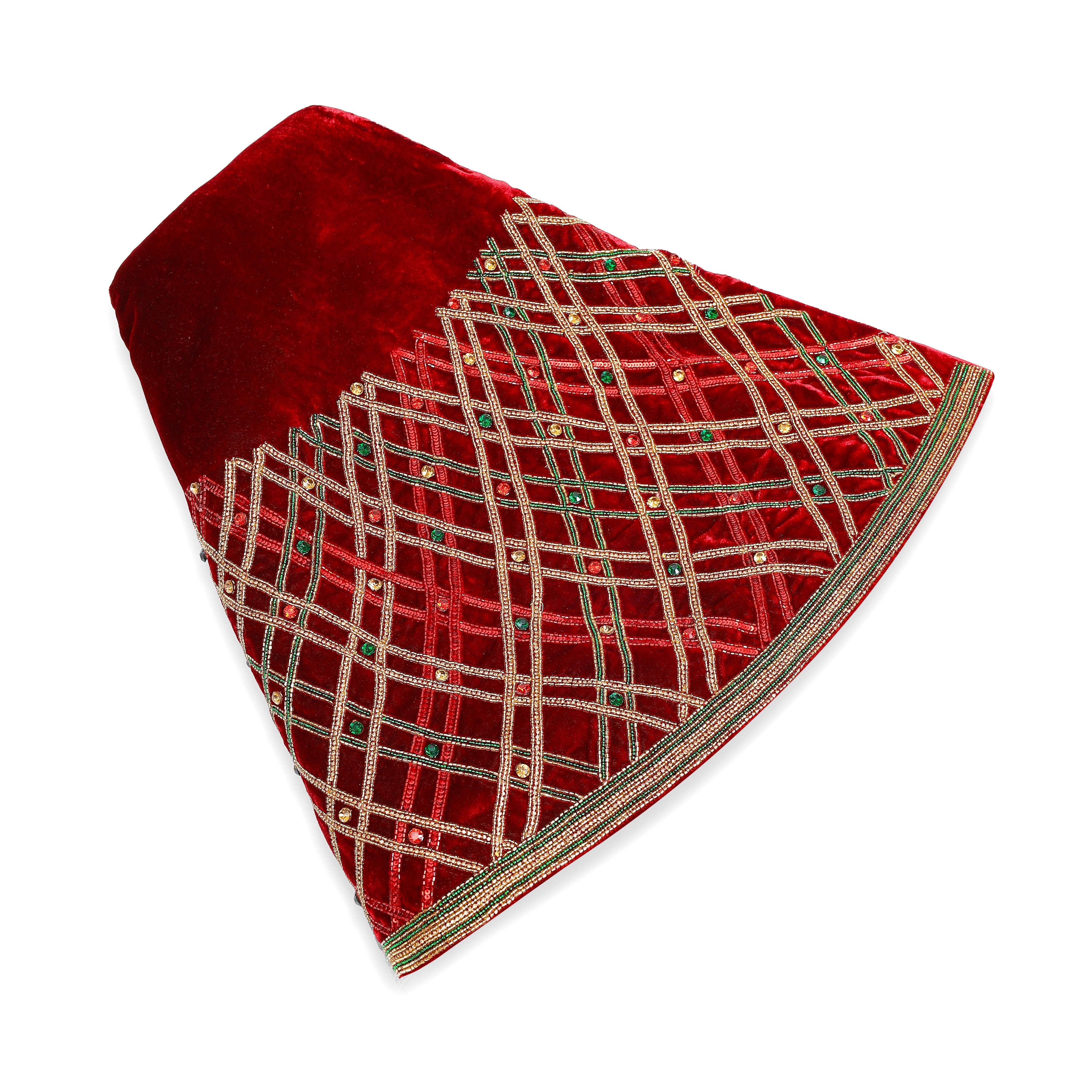 Sparkling Plaid Gemstone Red Velvet Christmas Tree Skirt