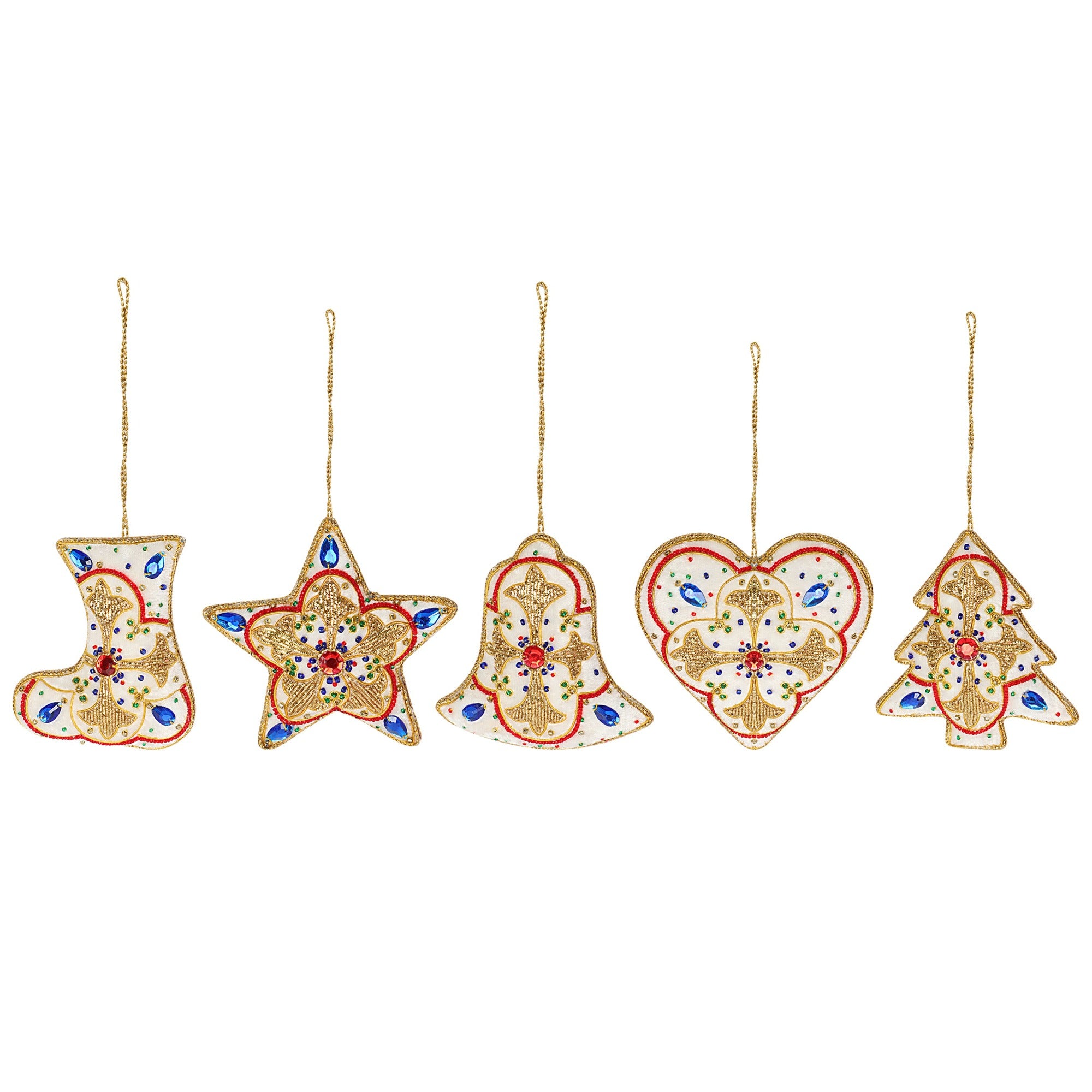 Snowy Sparkle - Stars, Hearts, Bell, Shoe & tree Christmas ornaments set of 5 pieces for holiday decor (1SET=5PC)