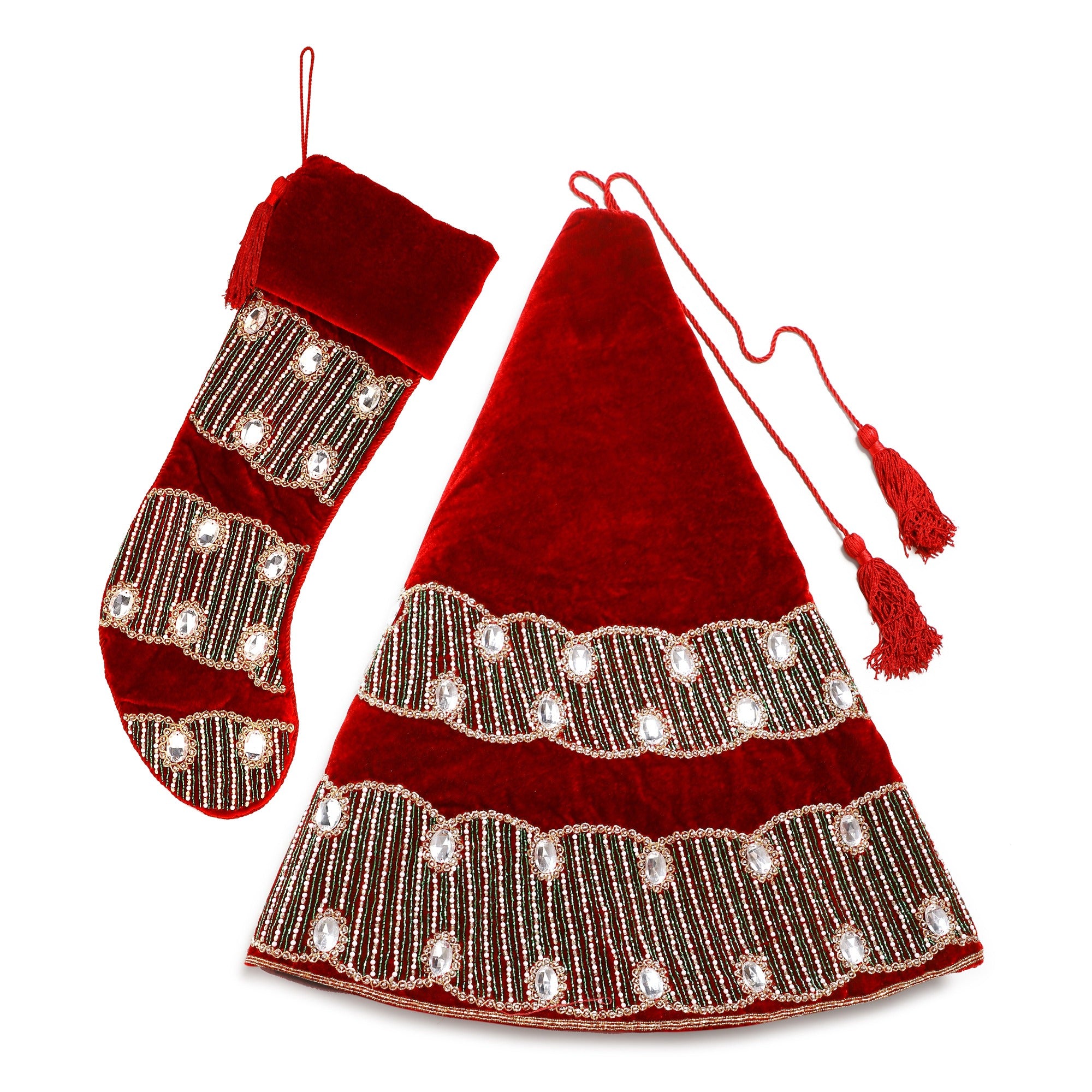 Spiral Charm Red Velvet Christmas Tree Skirt & Matching Christmas Stocking Set