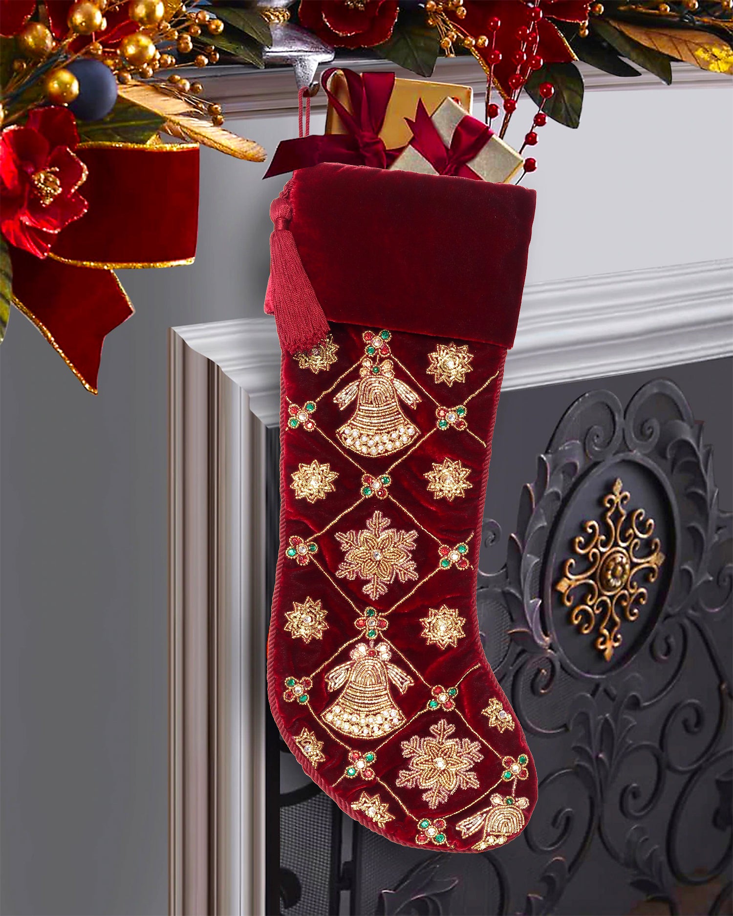 PERSONALISED JINGLE BELL AND SNOWFLAKE MAGIC RED VELVET CHRISTMAS STOCKING