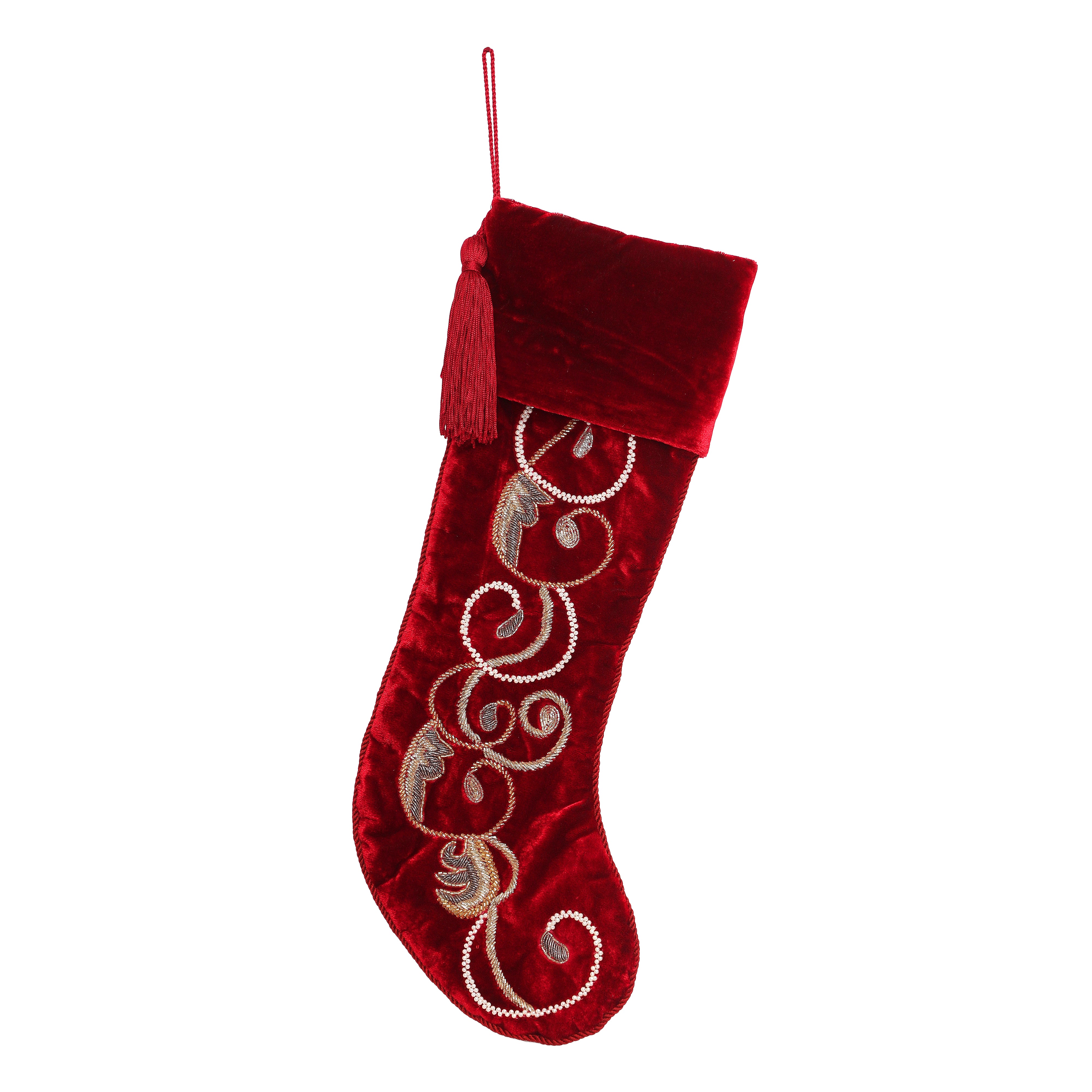 Swirl Charm Christmas Tree Skirt & Matching  Red Velvet Christmas Stocking Set