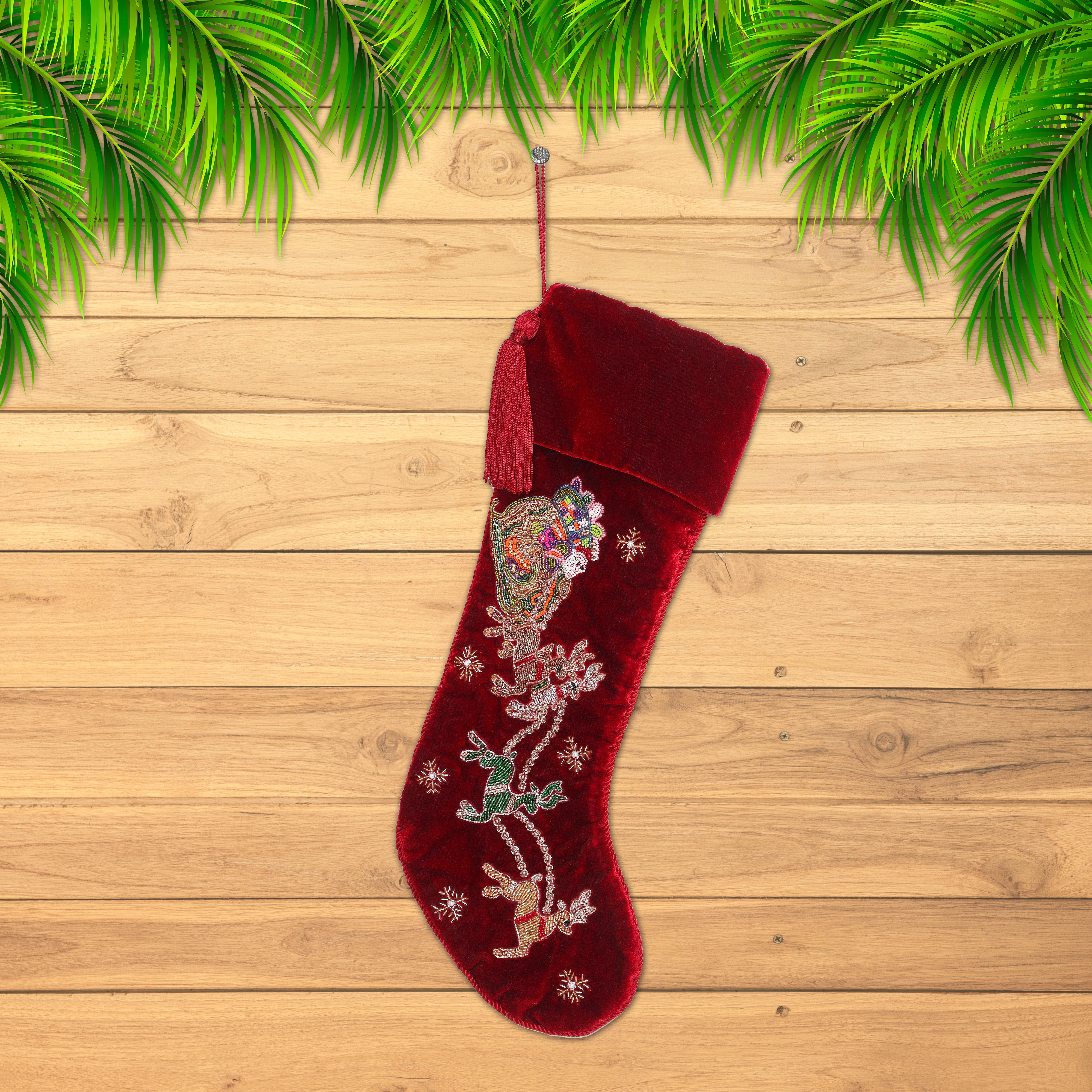 PERSONALISED SANTA CARRIAGE RED VELVET CHRISTMAS STOCKING