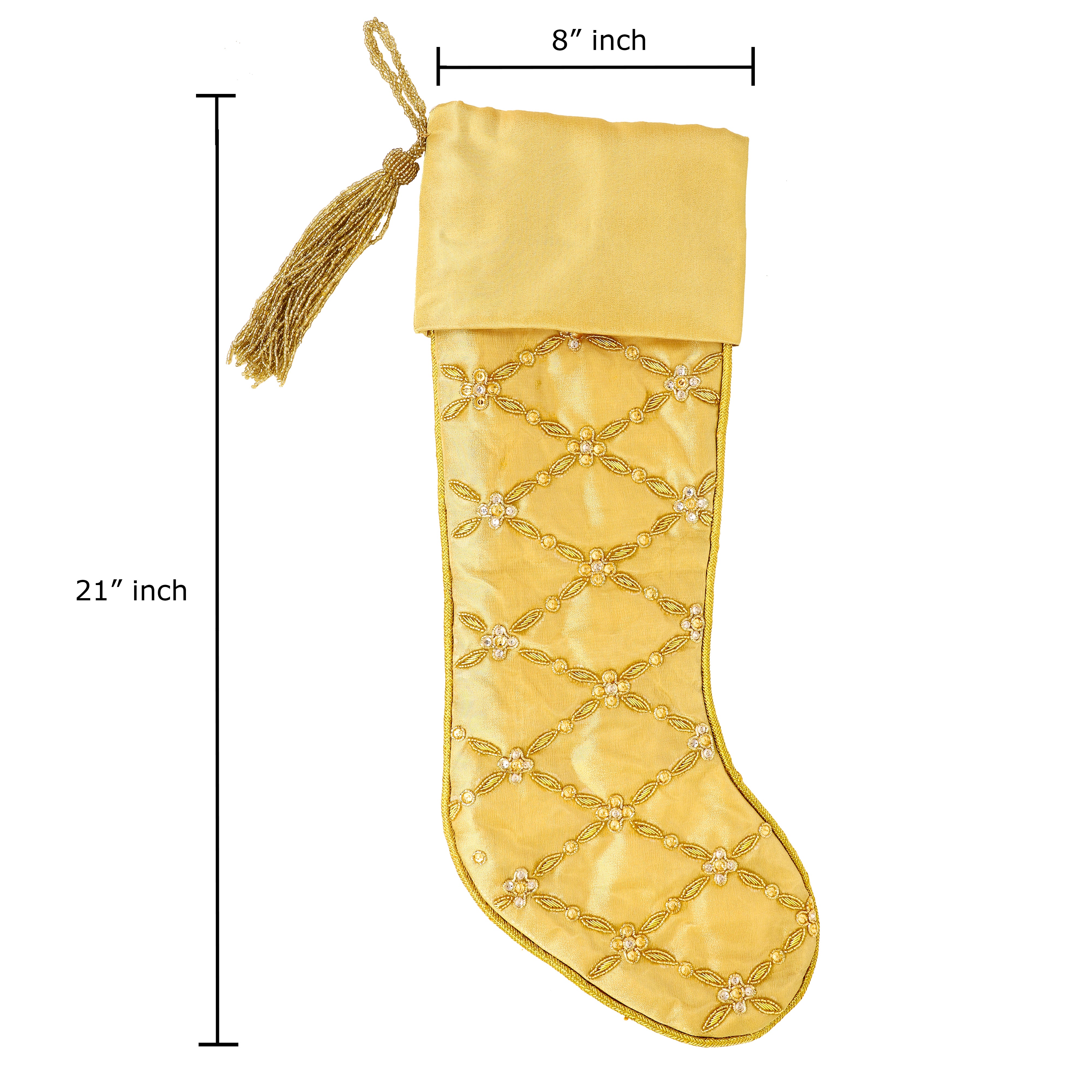 Criss Cross Pearl Leaf Gold Christmas Tree Skirt & Matching Christmas stocking set.