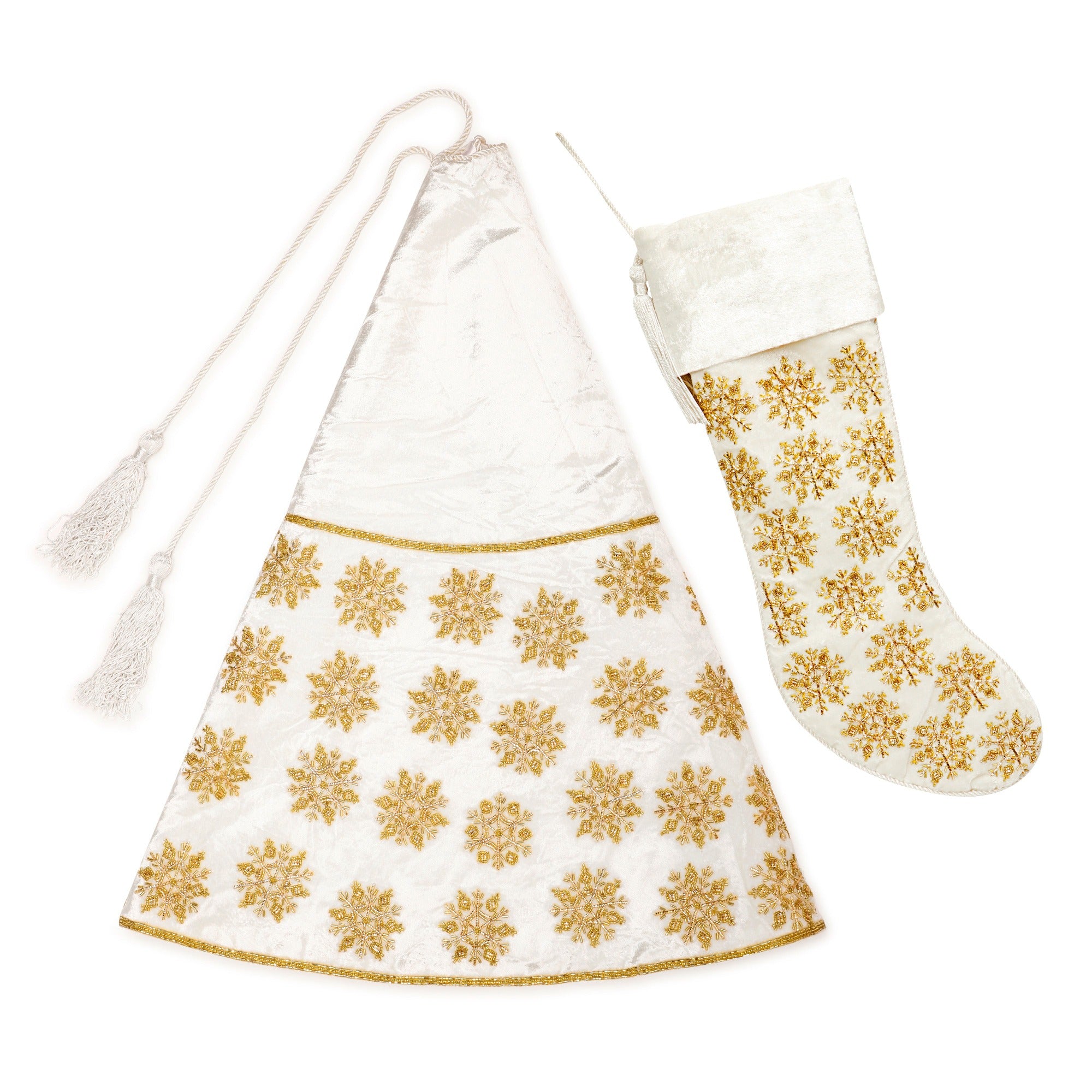 Beaded Snowflake White Velvet Christmas Tree Skirt & Matching Christmas Stocking Set