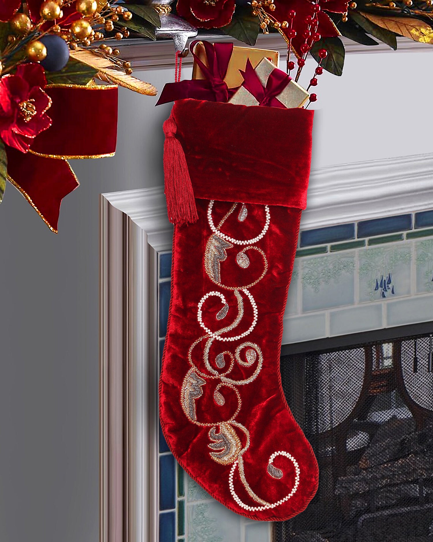 PERSONALISED SWIRL CHARM RED VELVET CHRISTMAS STOCKING