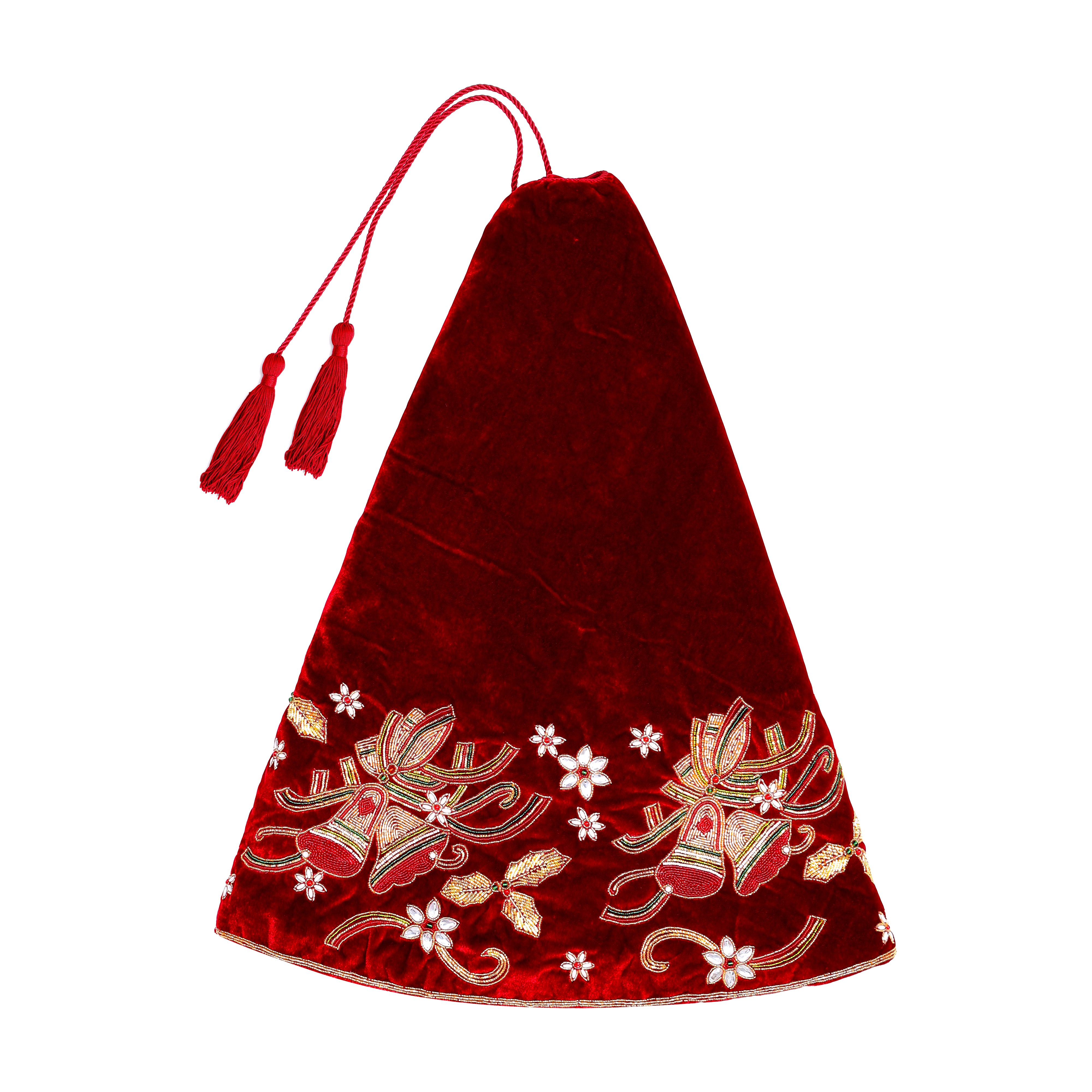 Christmas Bells Embroided Red Velvet Christmas Tree Skirt