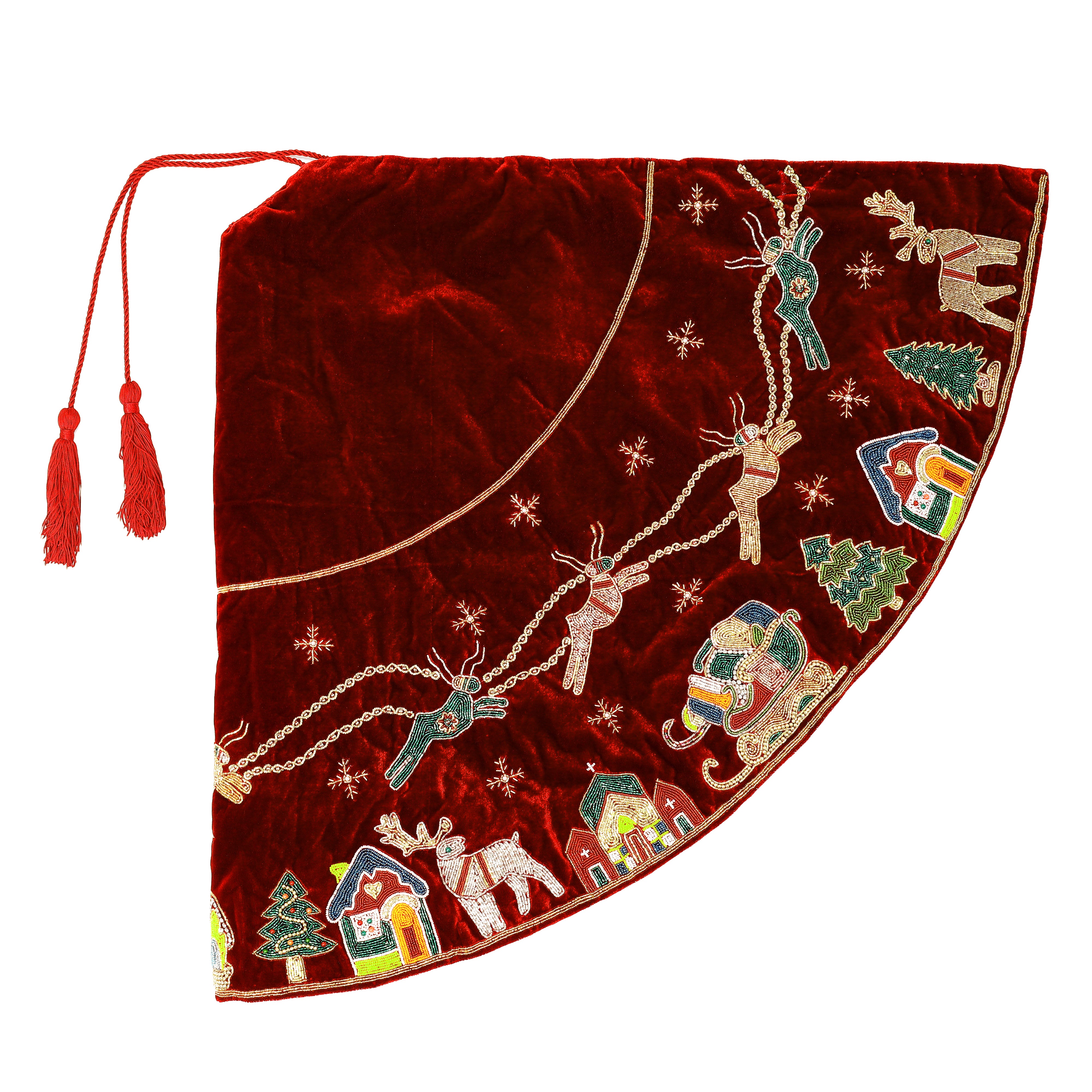 Reindeer Over the City Red Velvet Christmas Tree Skirt