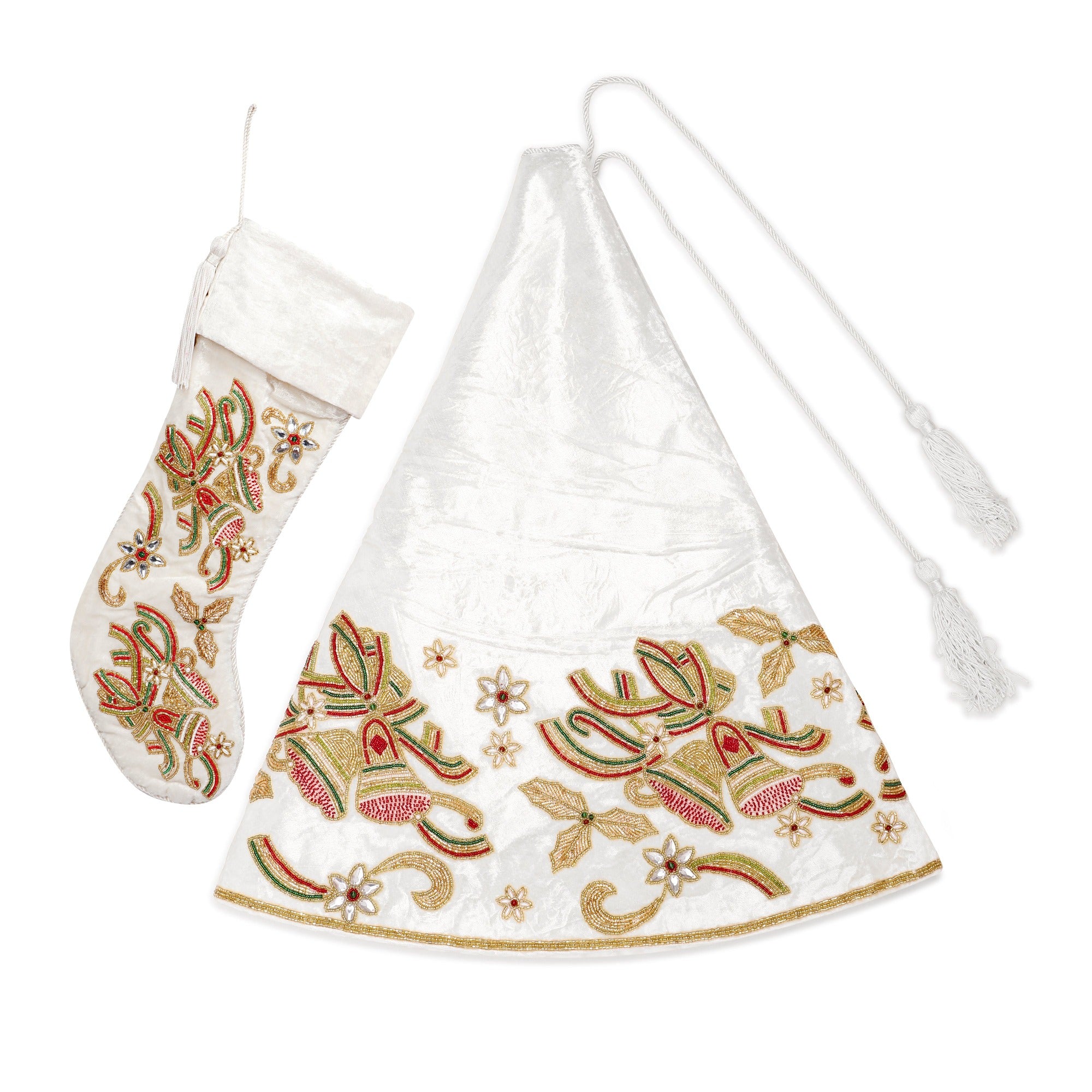 Christmas Bells Embroided White Velvet Christmas Tree Skirt & Matching Stocking Set