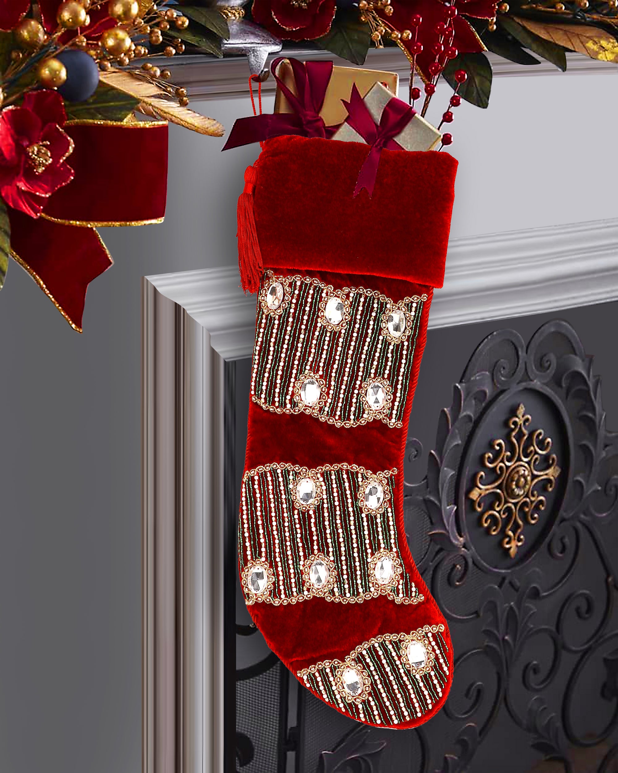 Personalised Spiral Stone Red Velvet Christmas Tree Stocking.