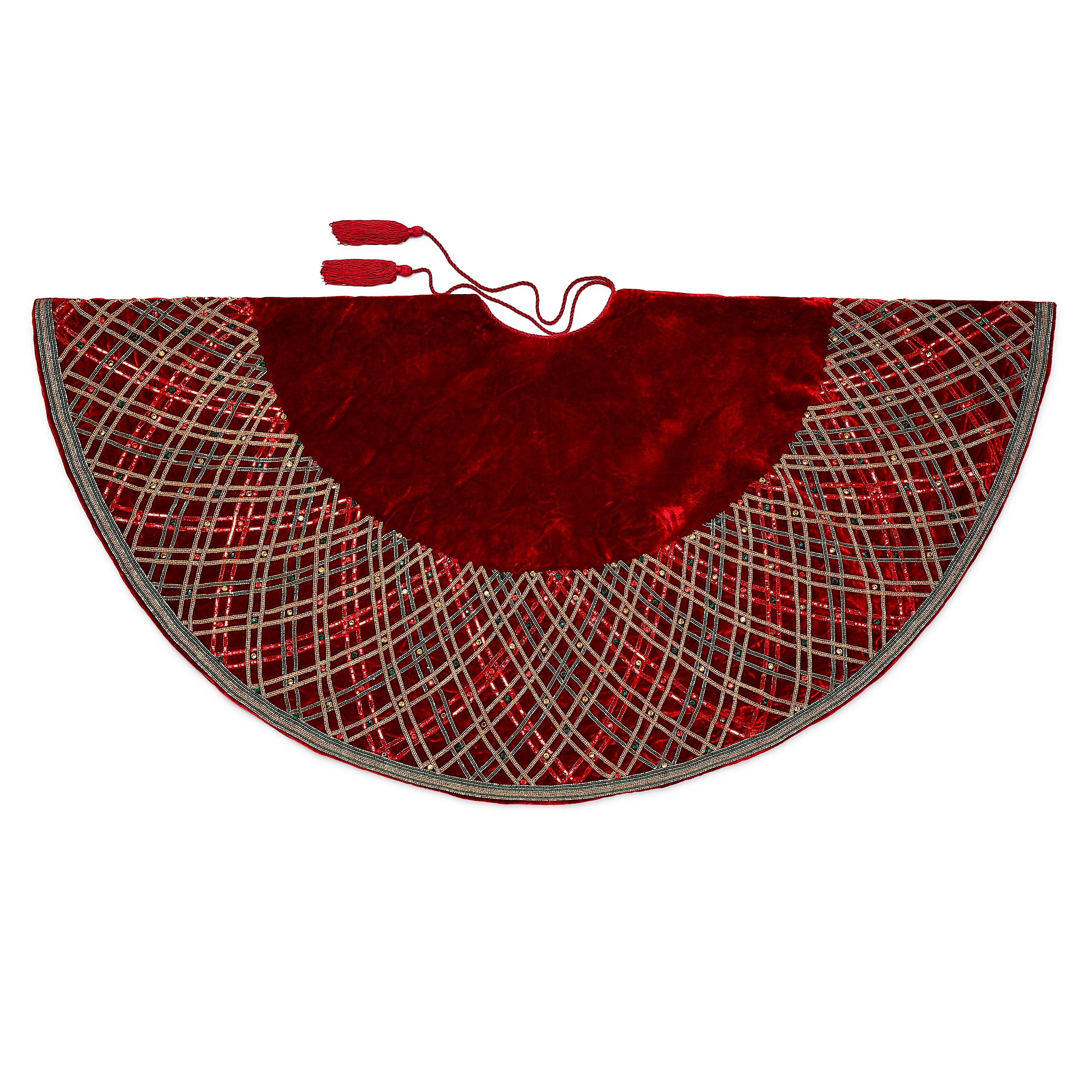 Sparkling Plaid Gemstone Red Velvet Christmas Tree Skirt