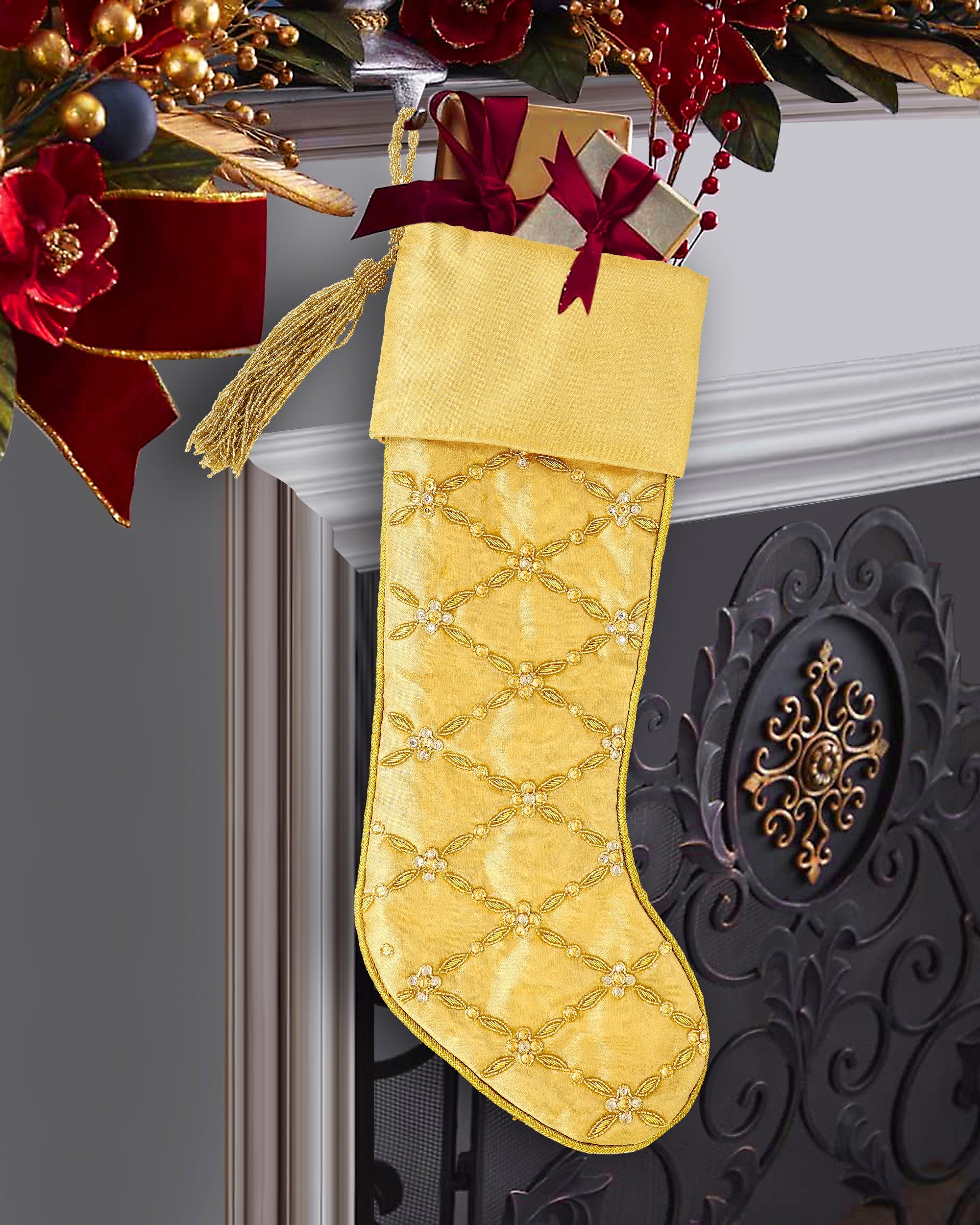 Criss Cross Pearl Leaf Gold Christmas Tree Skirt & Matching Christmas stocking set.