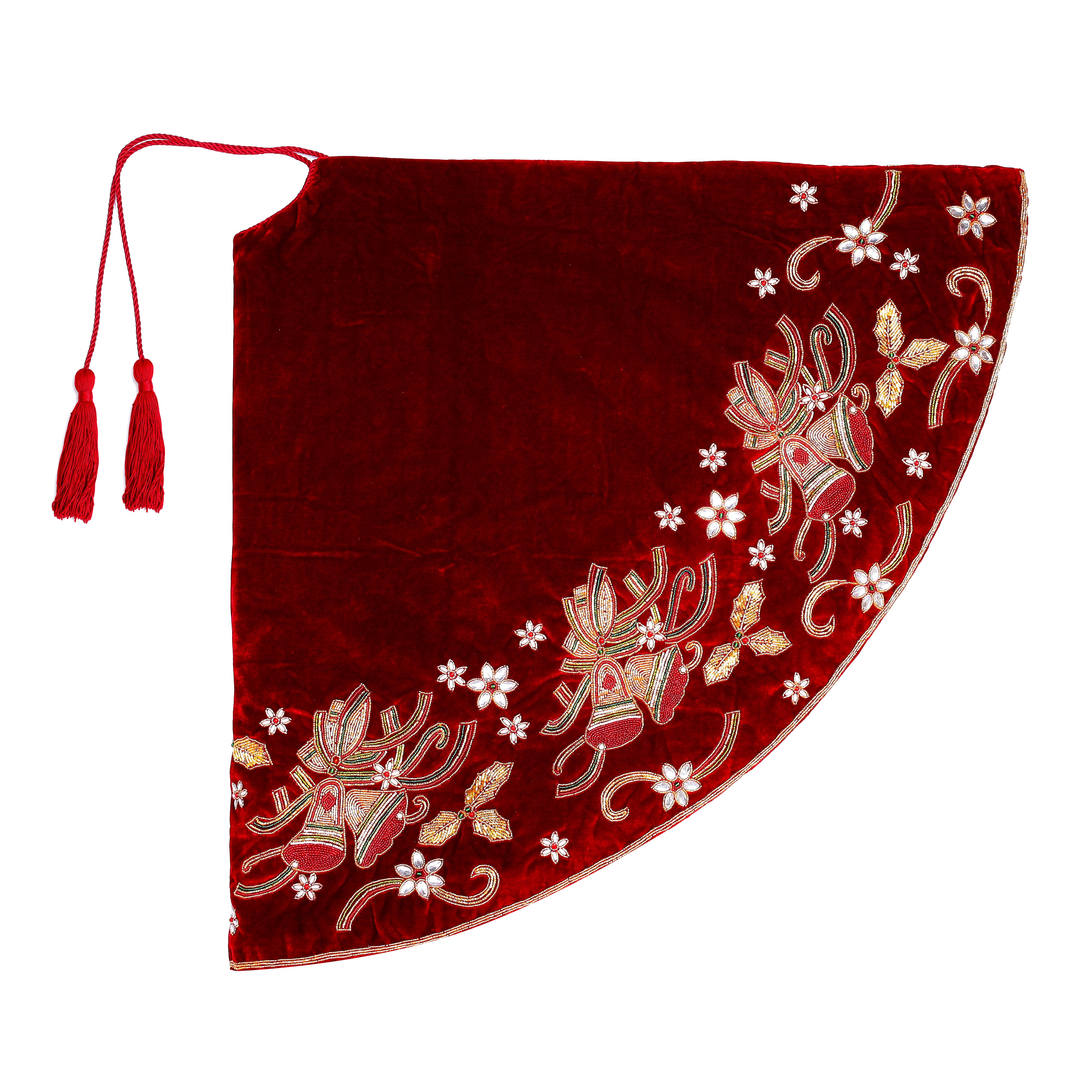 Christmas Bells Embroided Red Velvet Christmas Tree Skirt