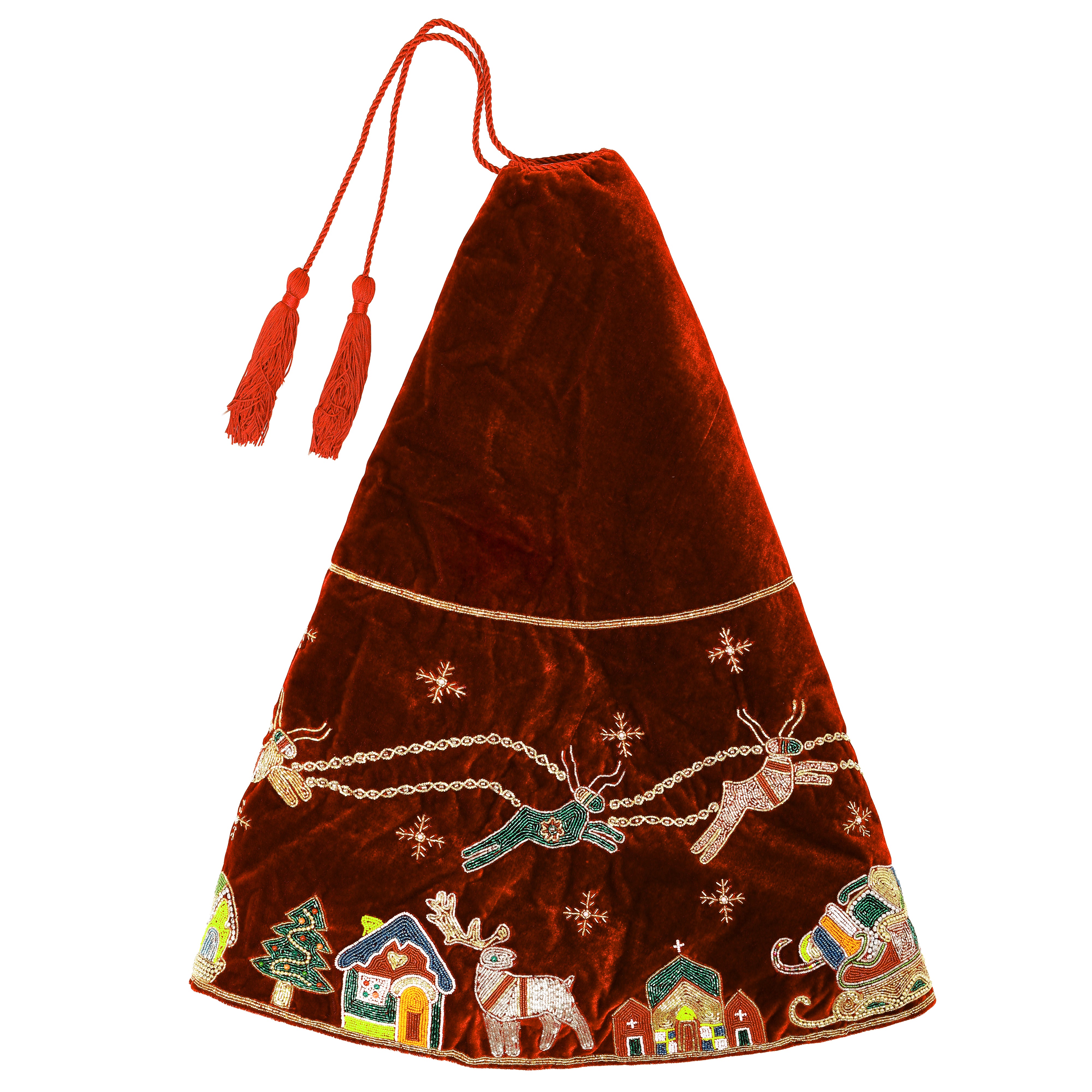 Reindeer Over the City Red Velvet Christmas Tree Skirt