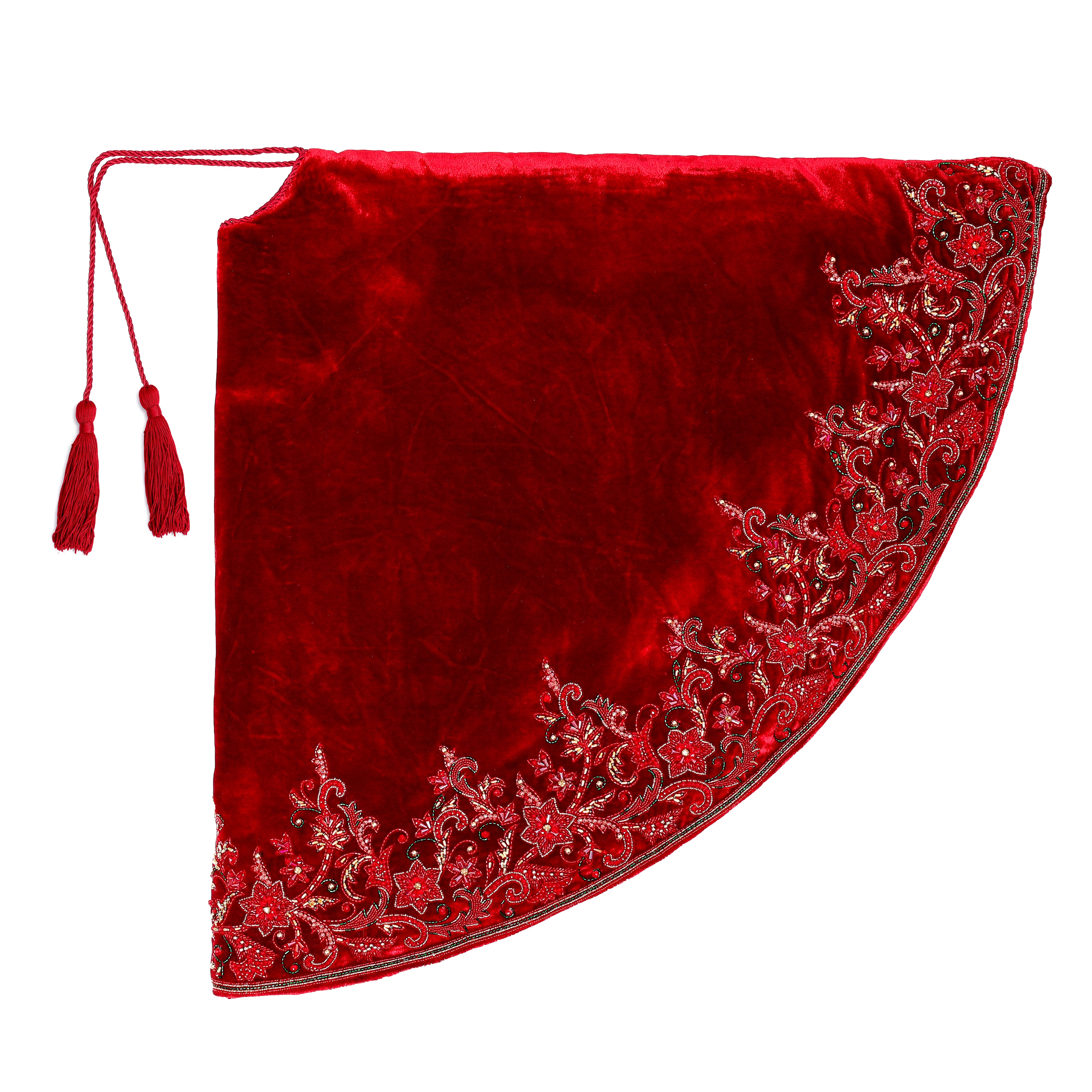 Red Velvet Floral Bloom Christmas Tree Skirt