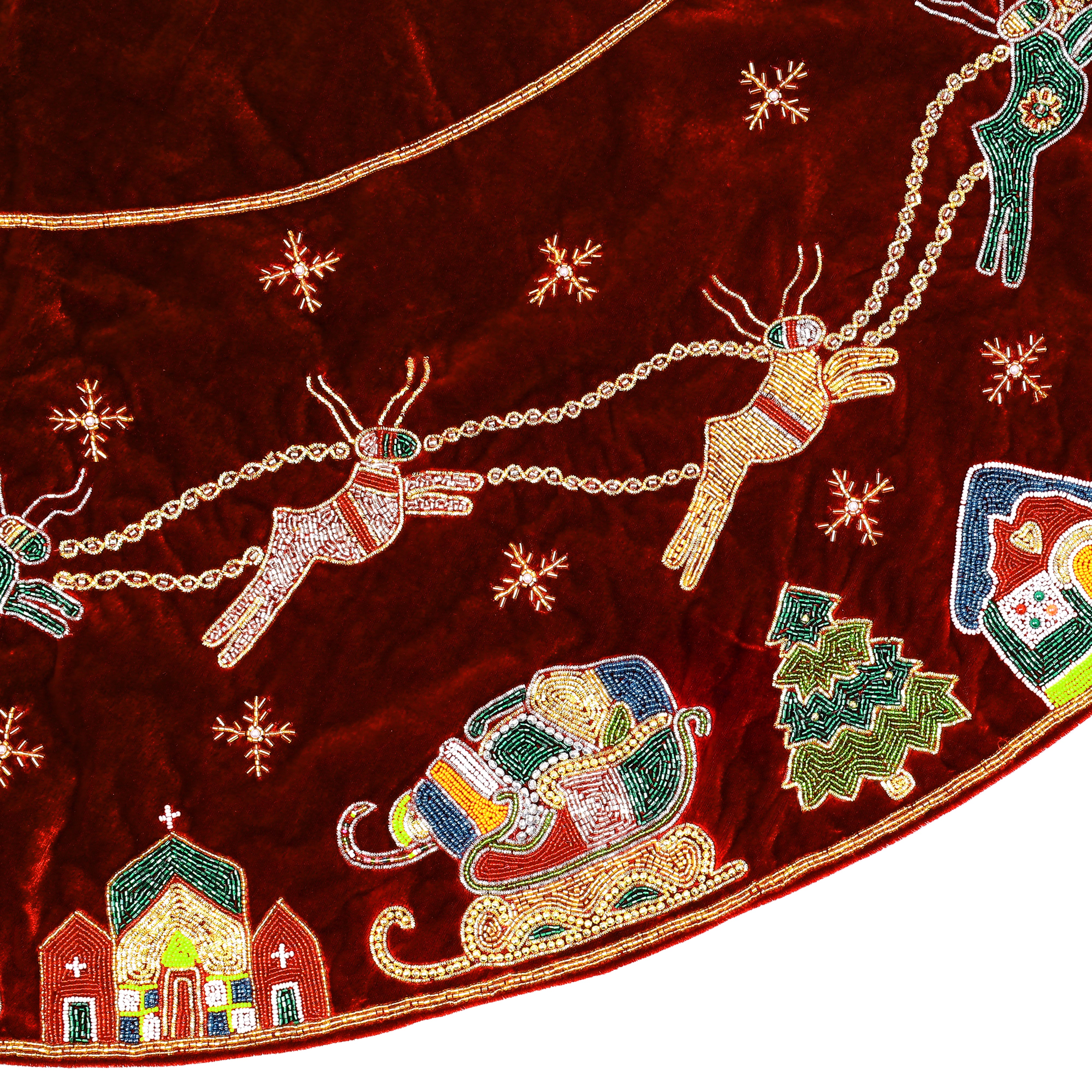 Reindeer Over the City Red Velvet Christmas Tree Skirt