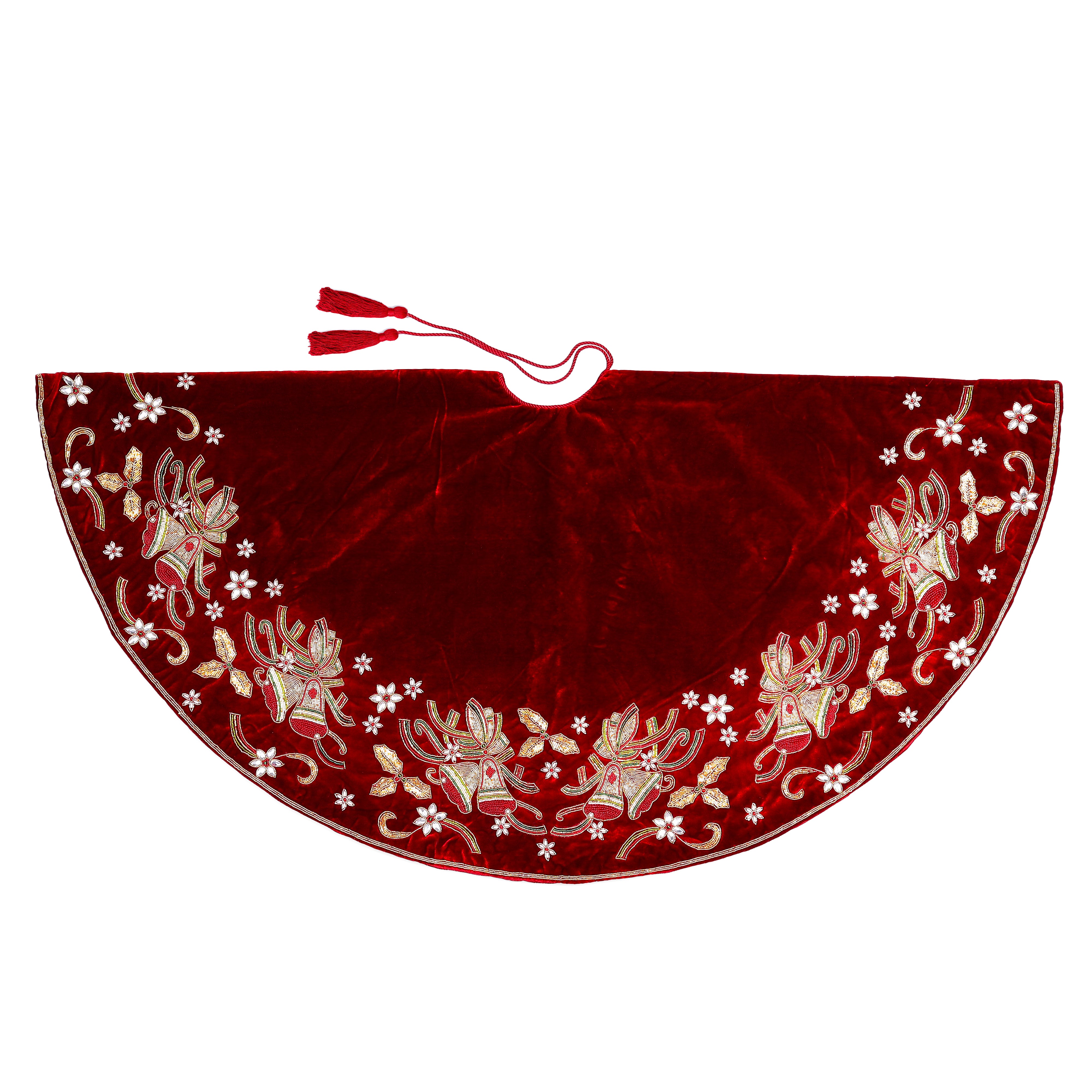 Christmas Bells Embroided Red Velvet Christmas Tree Skirt