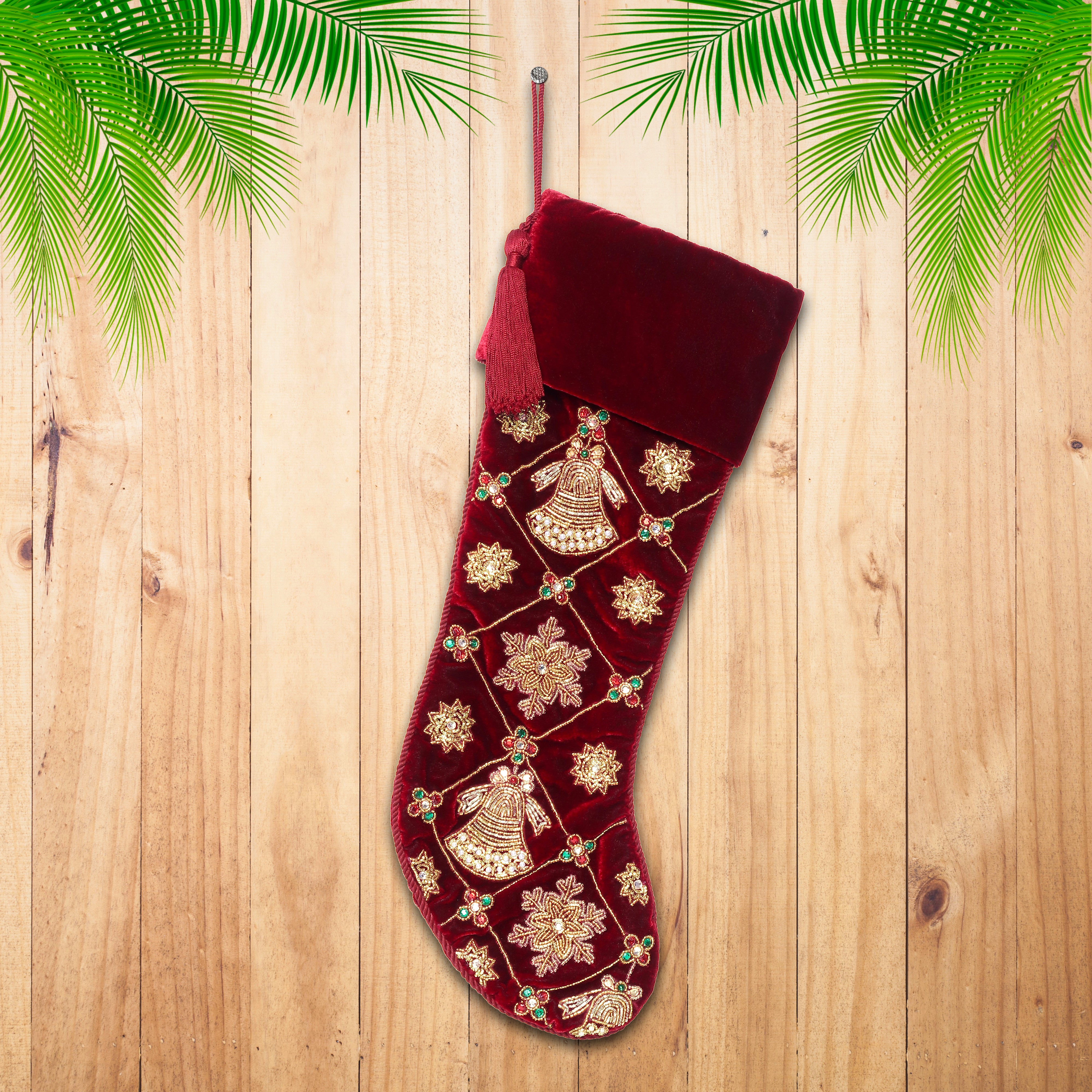 PERSONALISED JINGLE BELL AND SNOWFLAKE MAGIC RED VELVET CHRISTMAS STOCKING