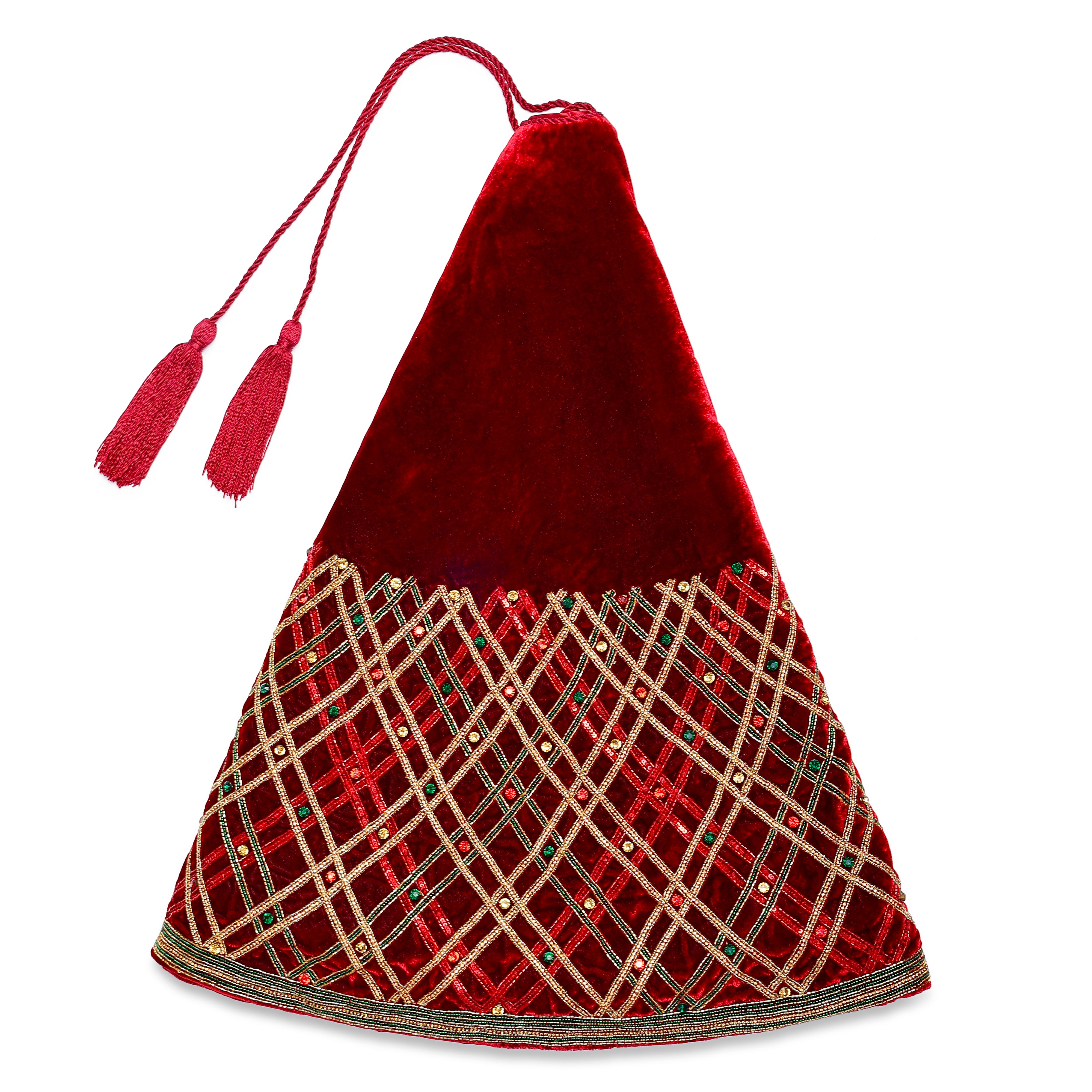 Sparkling Plaid Gemstone Red Velvet Christmas Tree Skirt