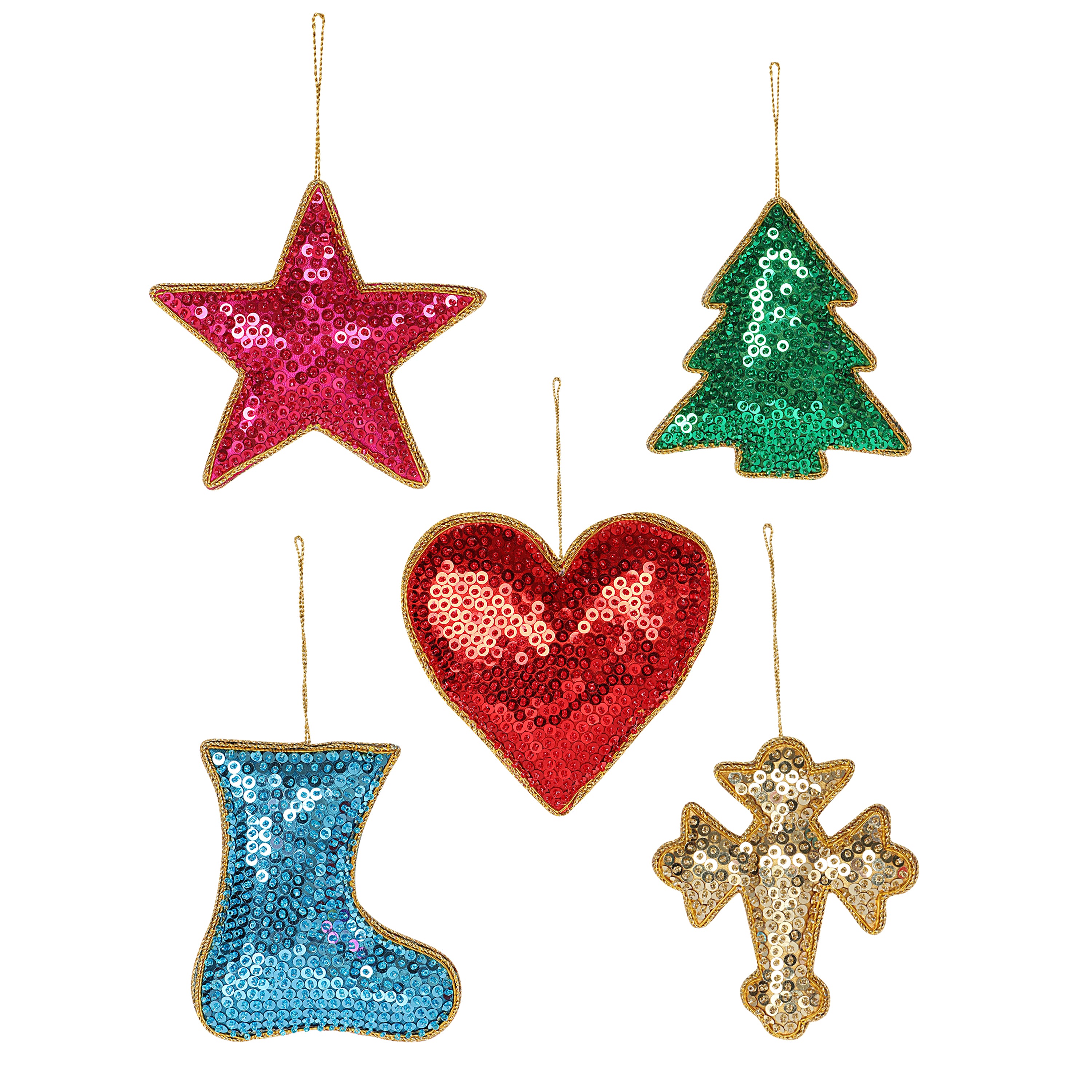 Sparkling Charm - Stars, Hearts, Cross, Shoe & tree Christmas ornaments set of 5 pieces for holiday decor (1SET=5PC)