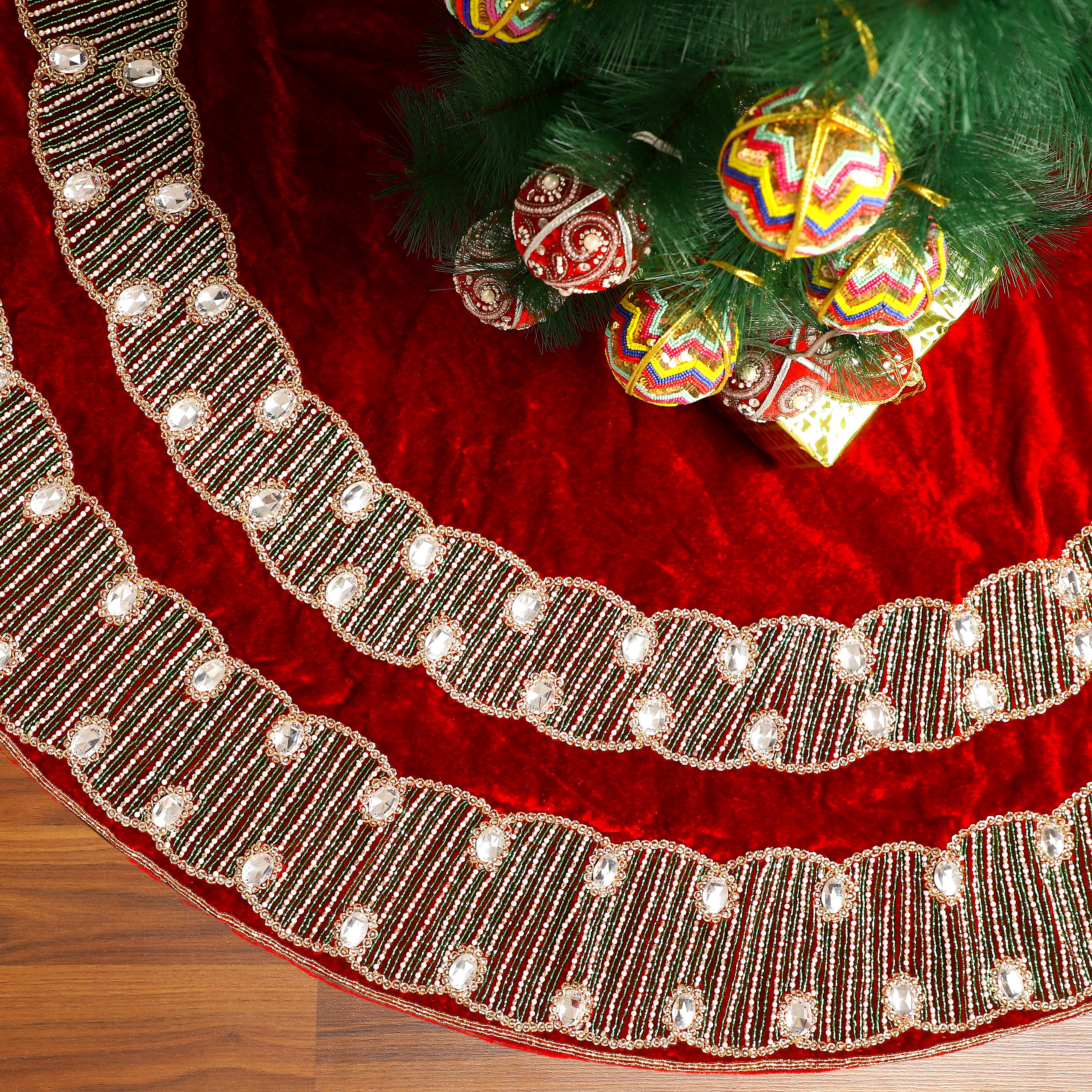 Spiral Charm Red Velvet Christmas Tree Skirt & Matching Christmas Stocking Set