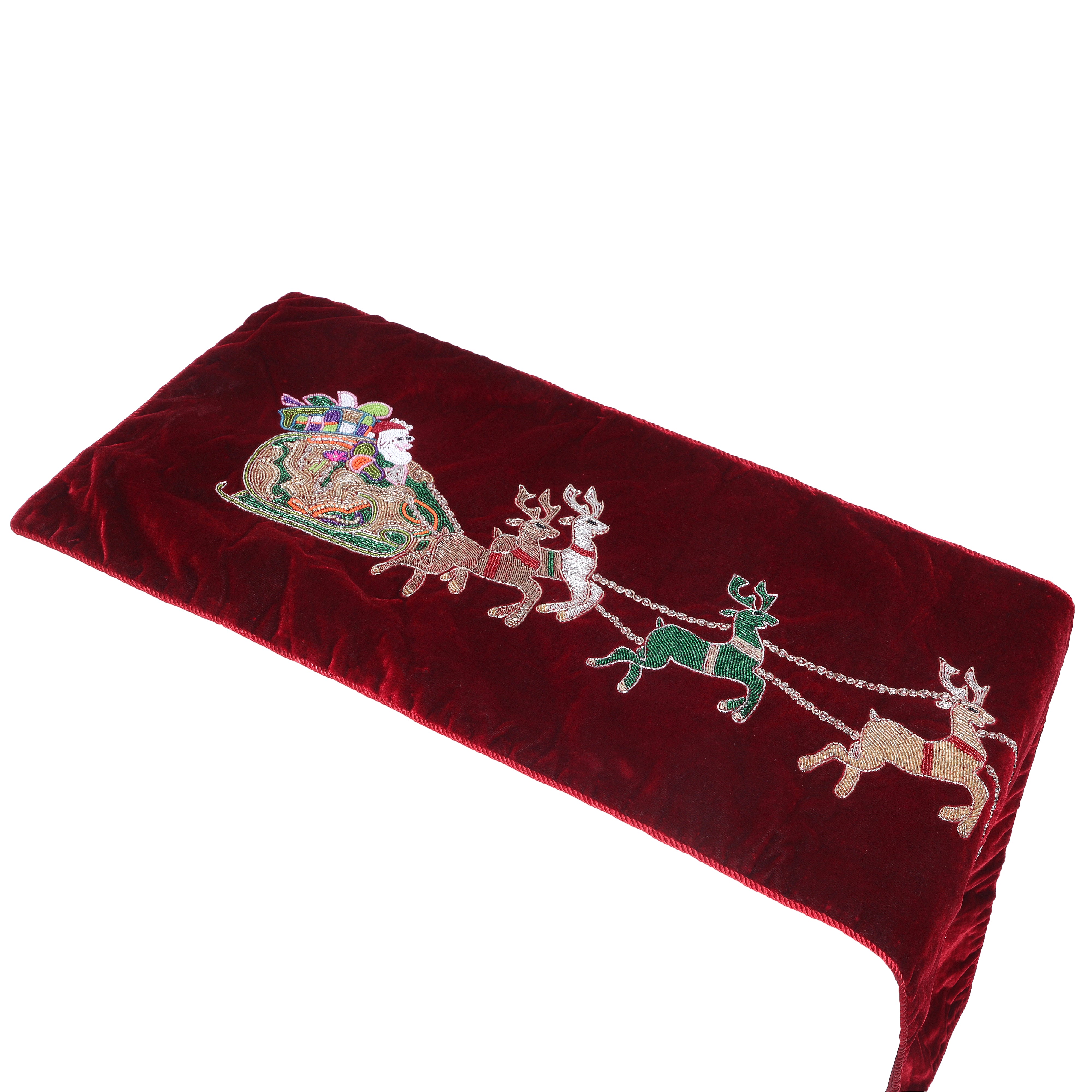Red Velvet Christmas Runner with Santa Reindeer carriage