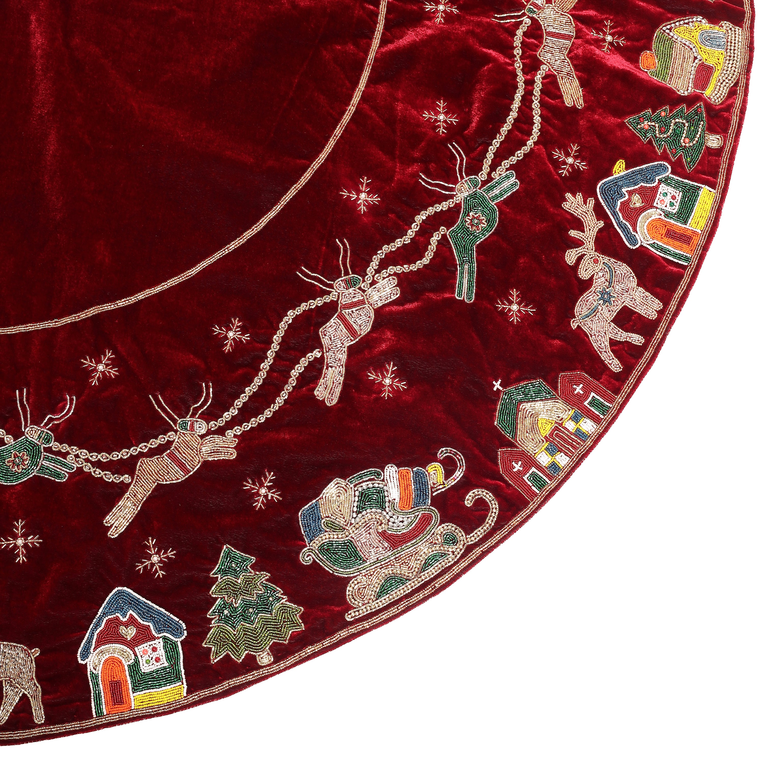 Reindeer Over the City Red Velvet Christmas Tree Skirt