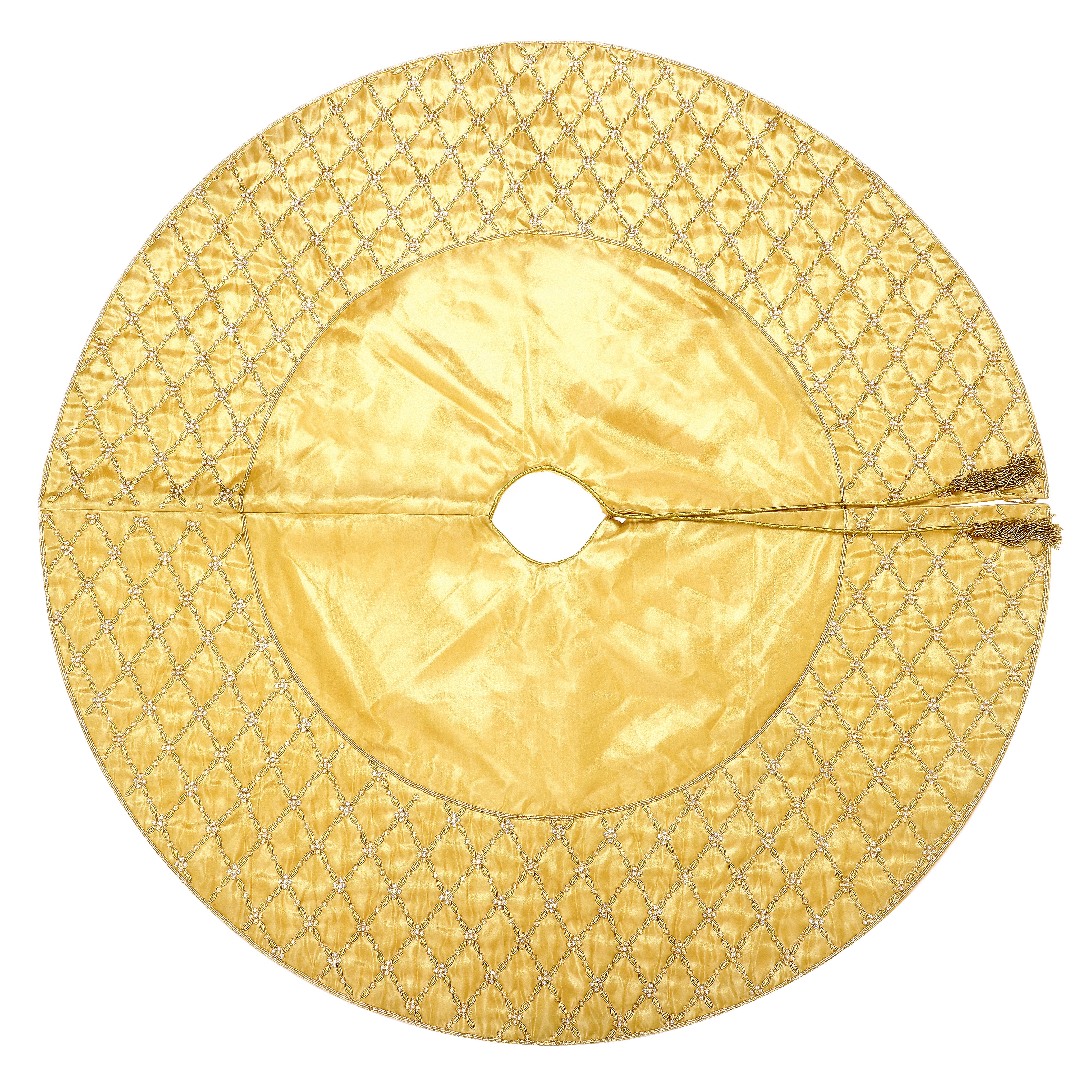 Criss Cross Pearl Leaf Gold Christmas Tree Skirt & Matching Christmas stocking set.