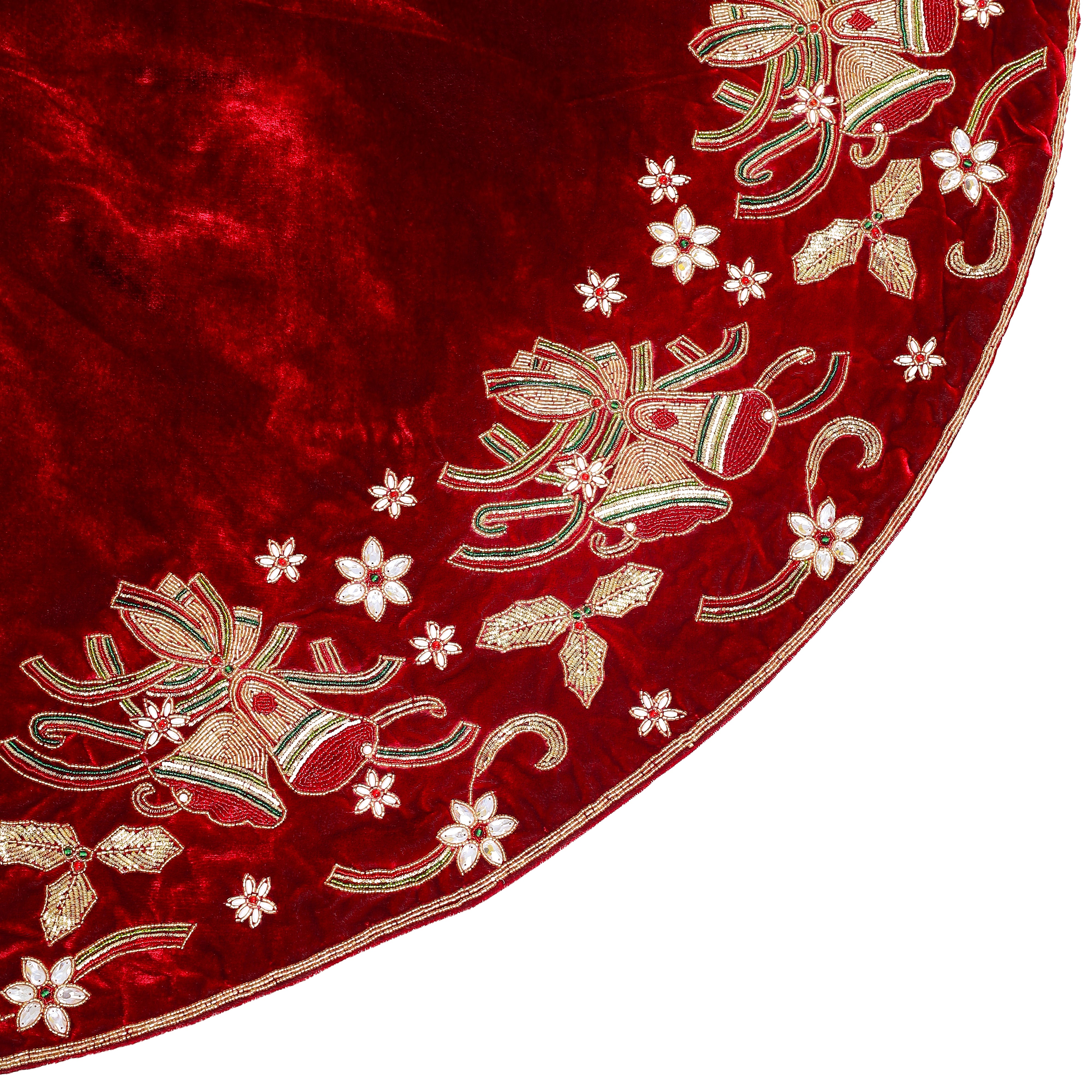 Christmas Bells Embroided Red Velvet Christmas Tree Skirt