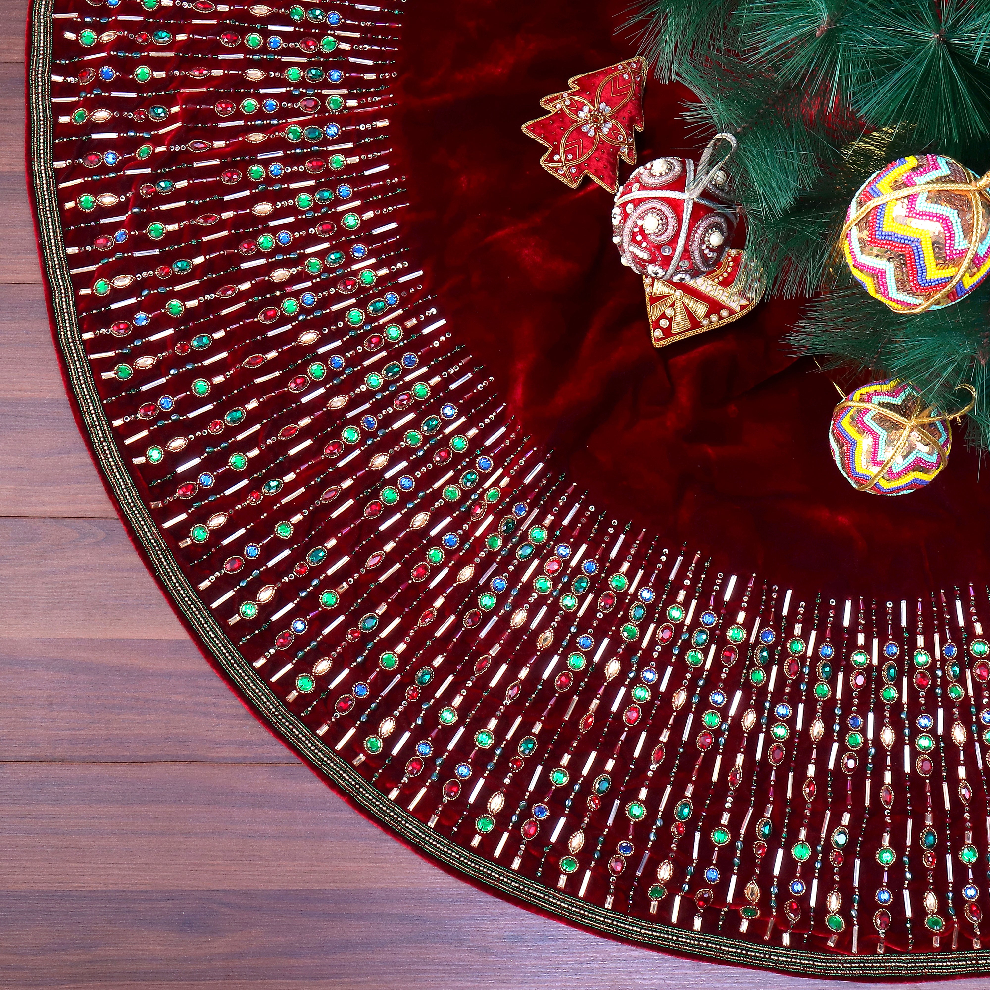 A Regal Gem: The Jewel-Crafted Red Velvet Christmas Tree Skirt