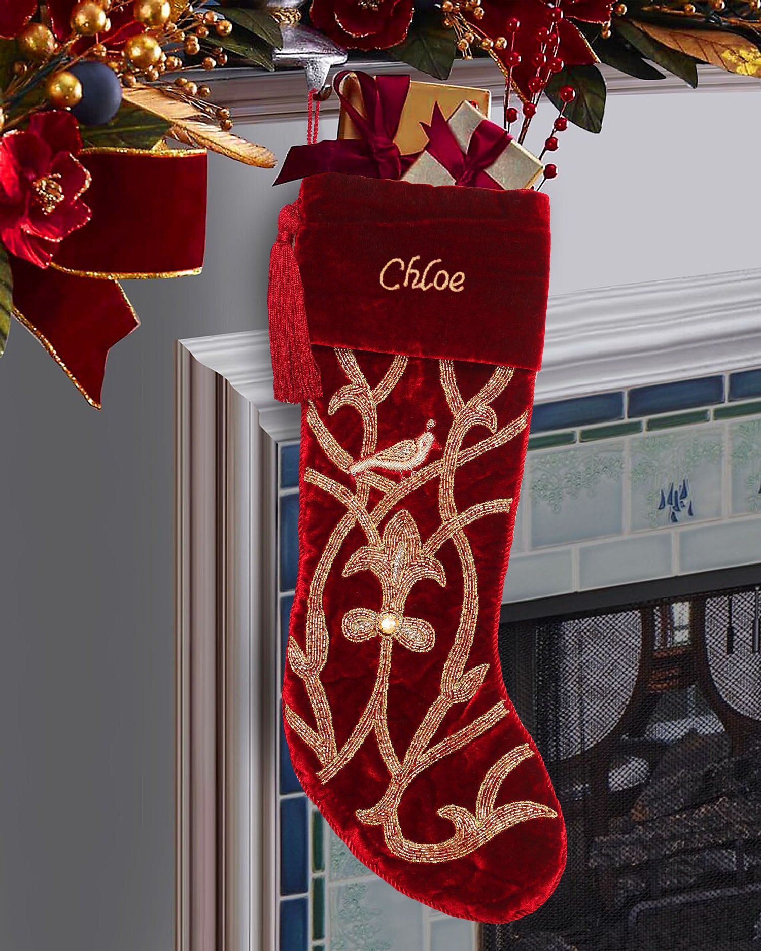 Partridge Bird Christmas Tree Skirt & Matching  Red Velvet Christmas Stocking Set