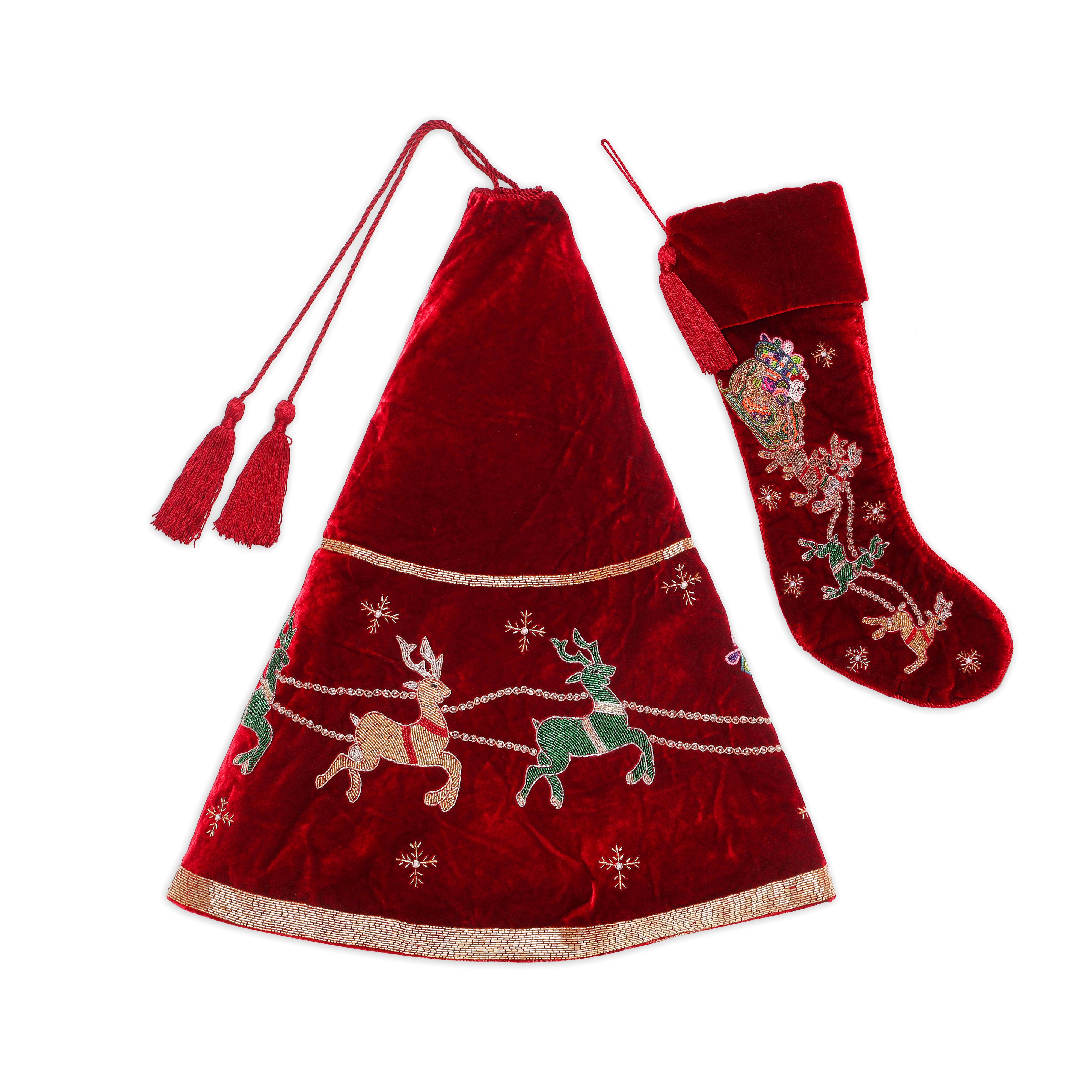Red Velvet Christmas Tree Skirt & Matching Christmas Stocking Set with  Santa Reindeer Carriage