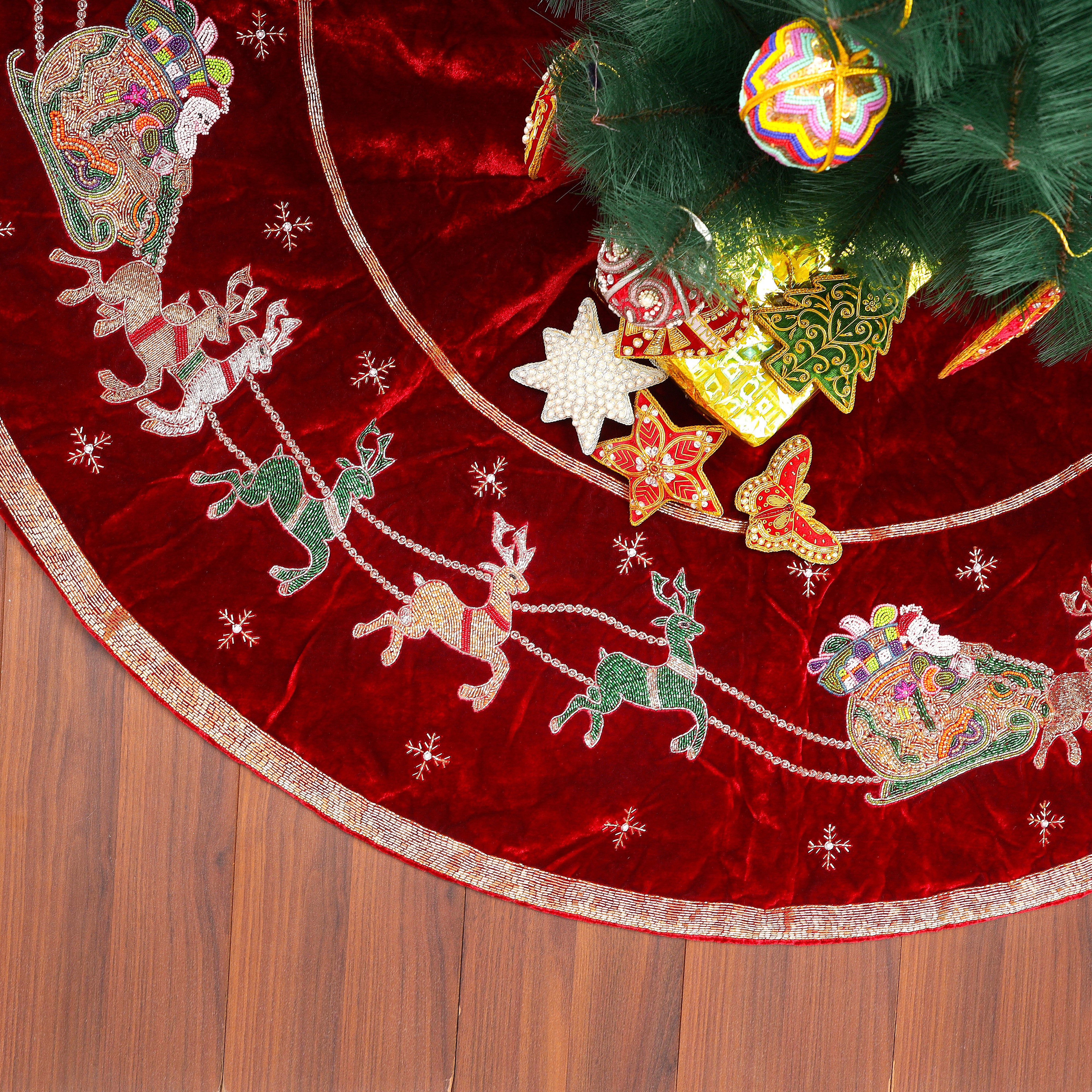Santa Reindeer Carriage- Red Velvet Christmas Tree Skirt