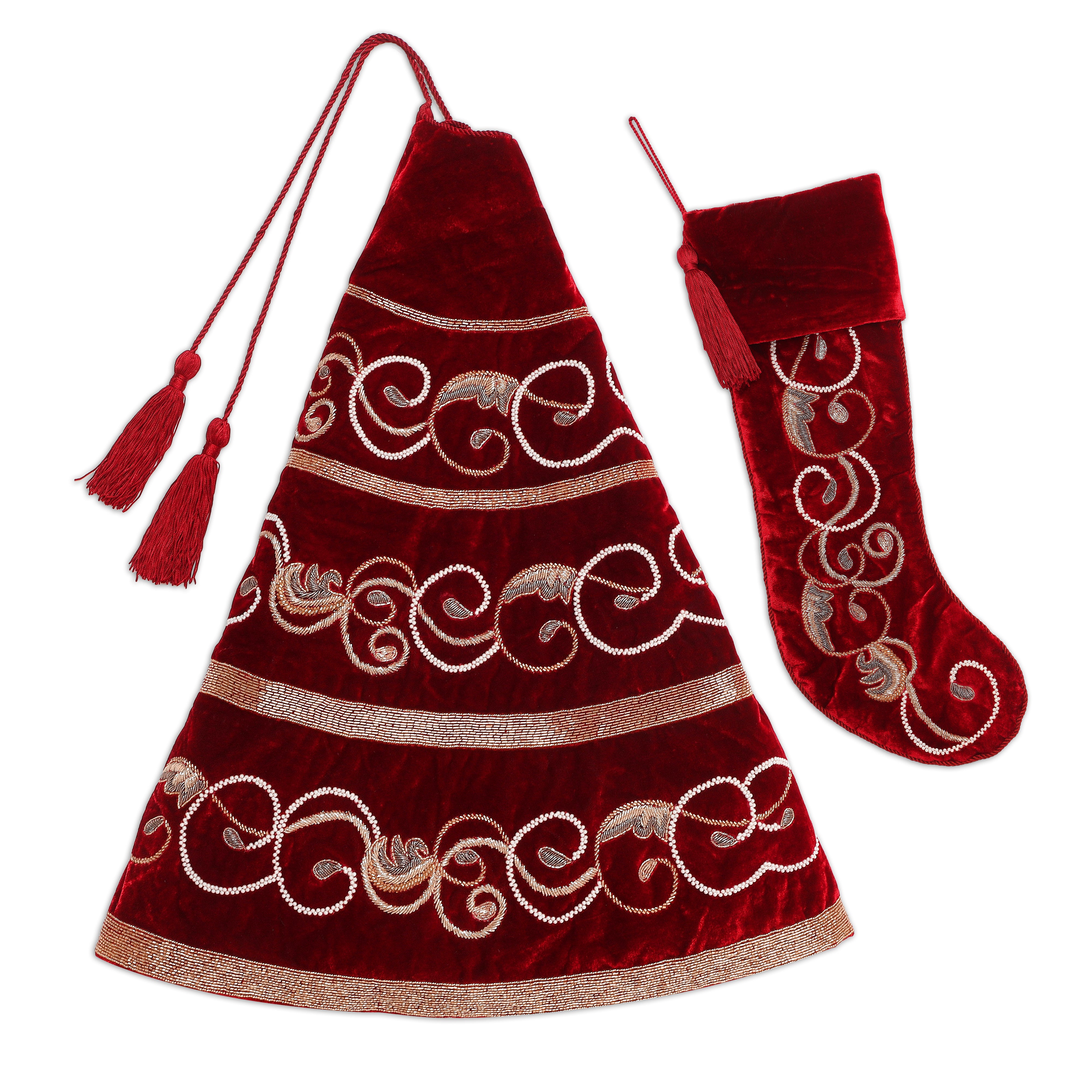 Swirl Charm Christmas Tree Skirt & Matching  Red Velvet Christmas Stocking Set