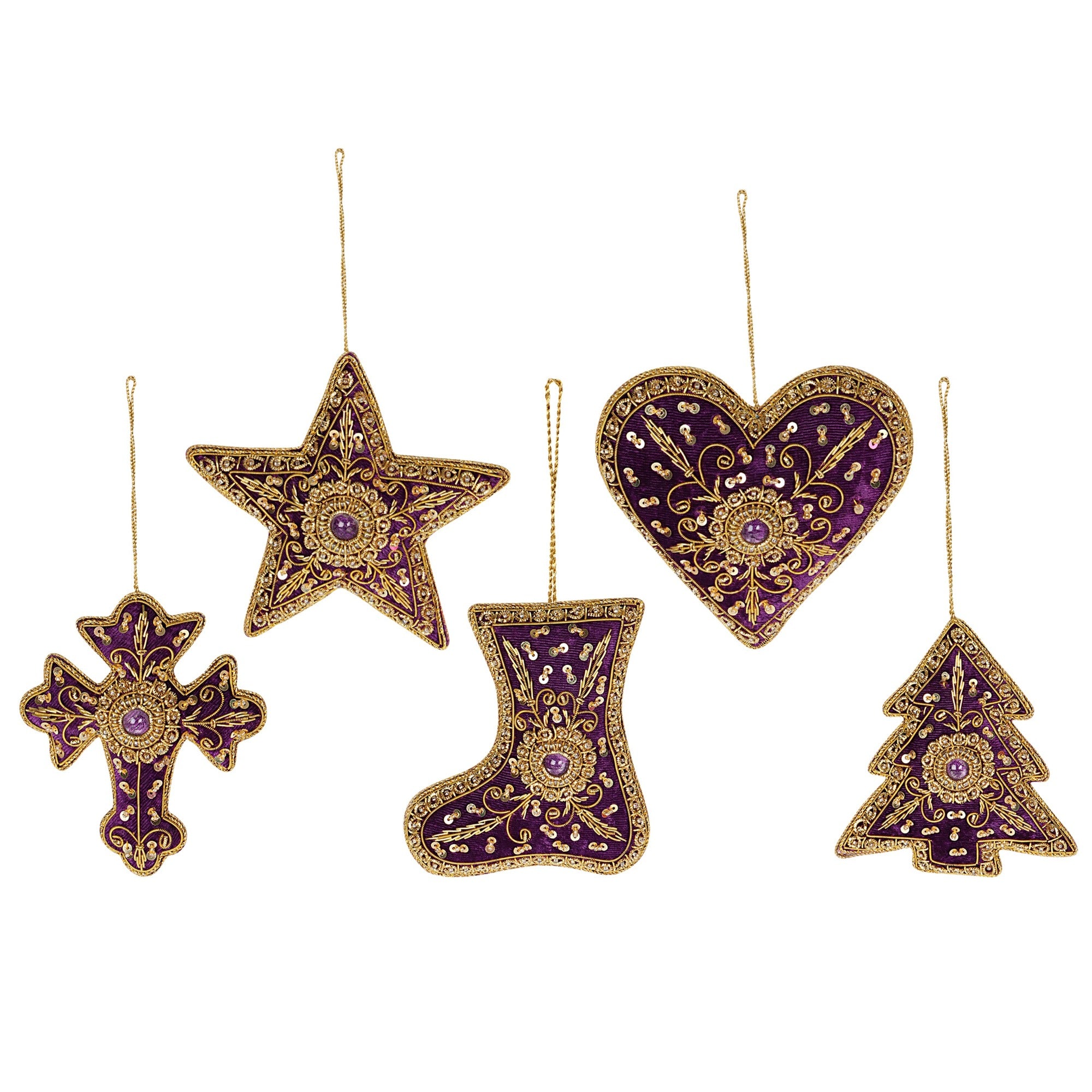 Festive shine Stars, Hearts, Cross, Shoe & tree Christmas ornaments set of 5 pieces for holiday decor (1SET=5PC)