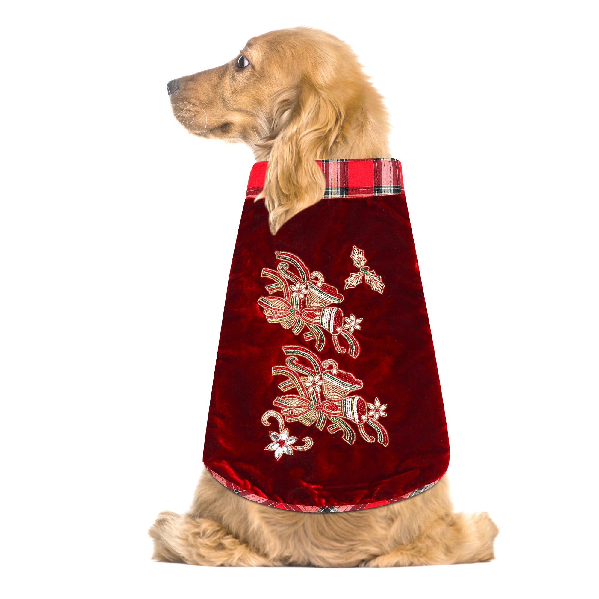 Red Christmas Dog jacket  Embroided Velvet Dog jacket with Christmas Bells