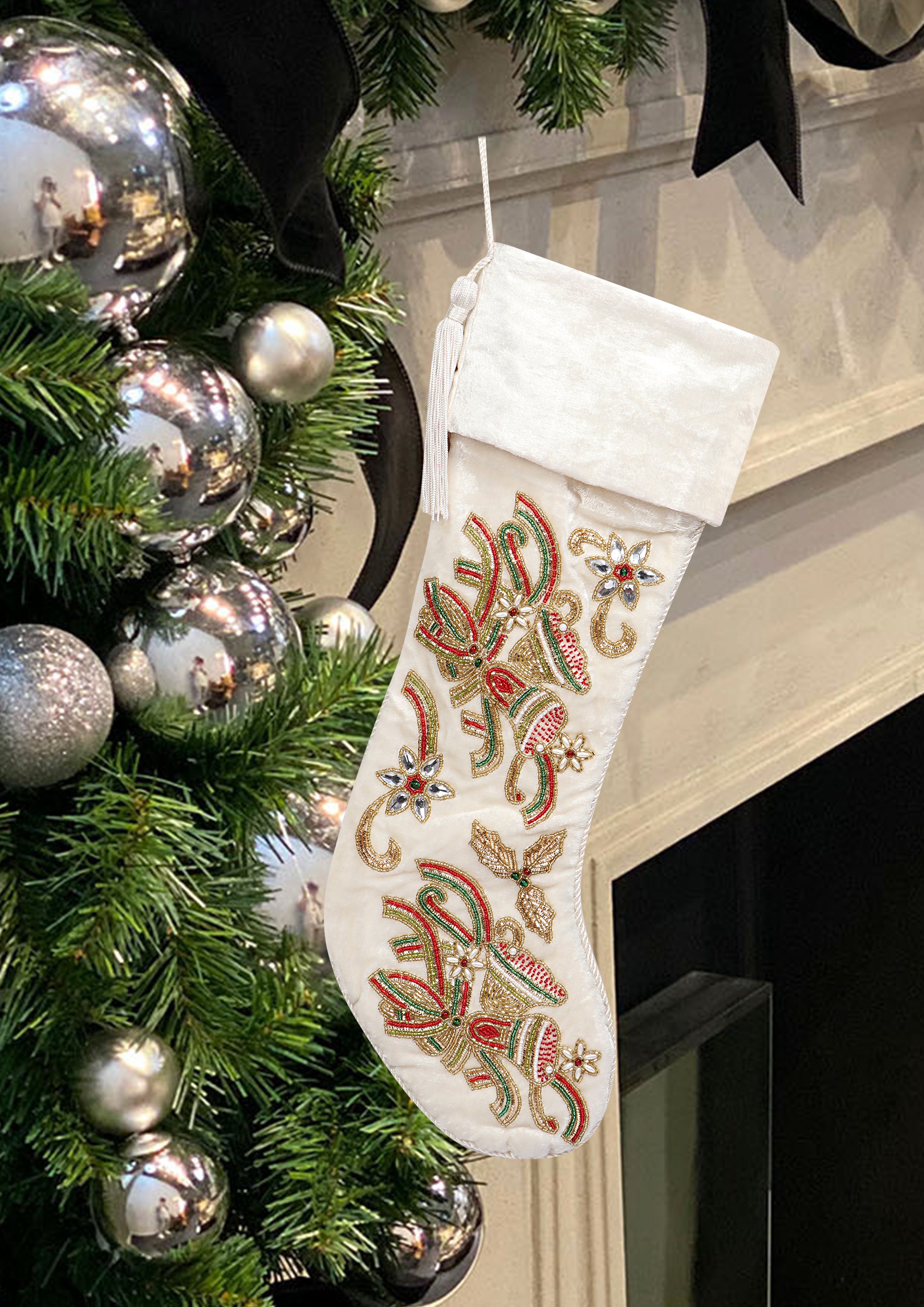 PERSONALISED CHRISTMAS BELLS EMBROIDED WHITE VELVET CHRISTMAS STOCKING