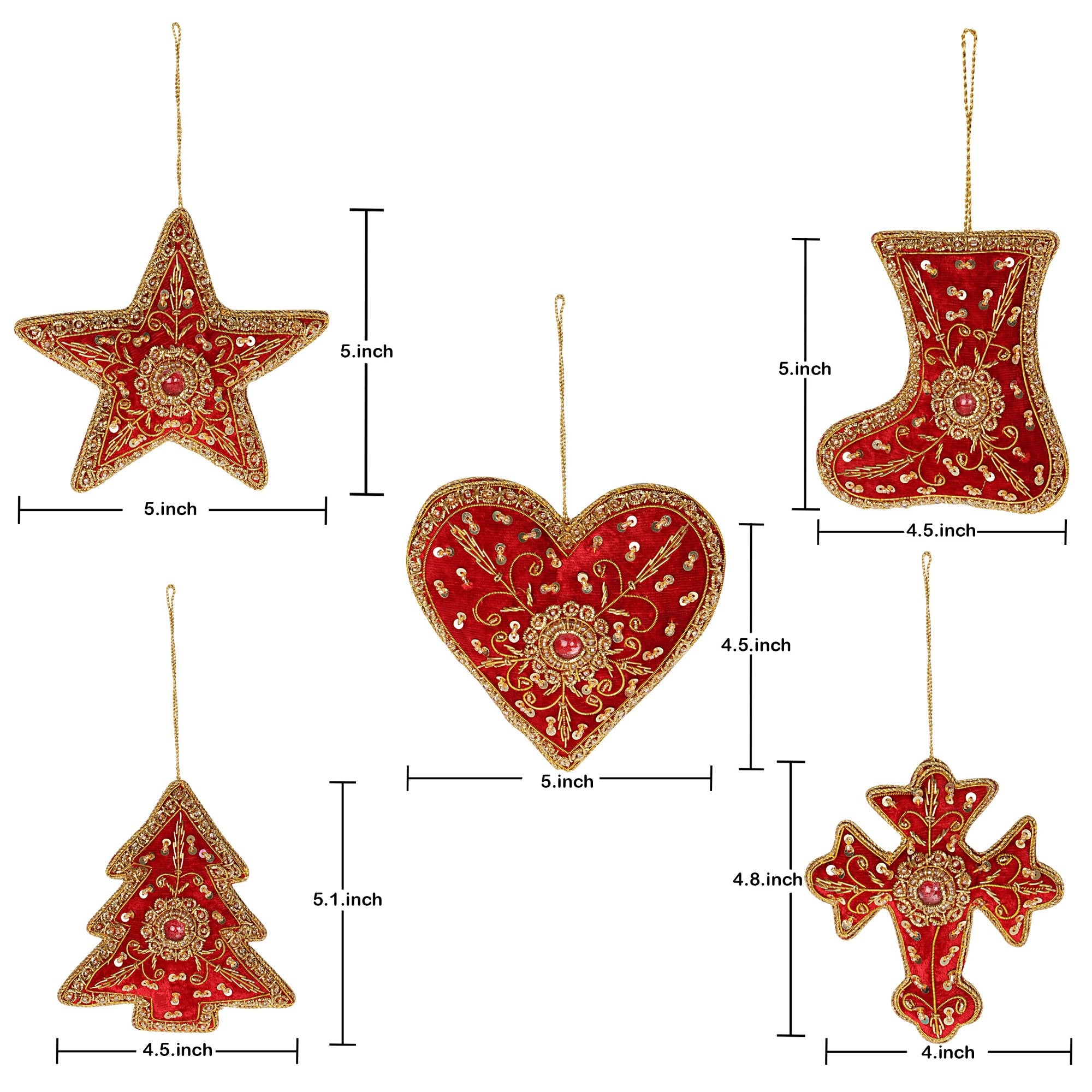 Festive shine Stars, Hearts, Cross, Shoe & tree Christmas ornaments set of 5 pieces for holiday decor (1SET=5PC)