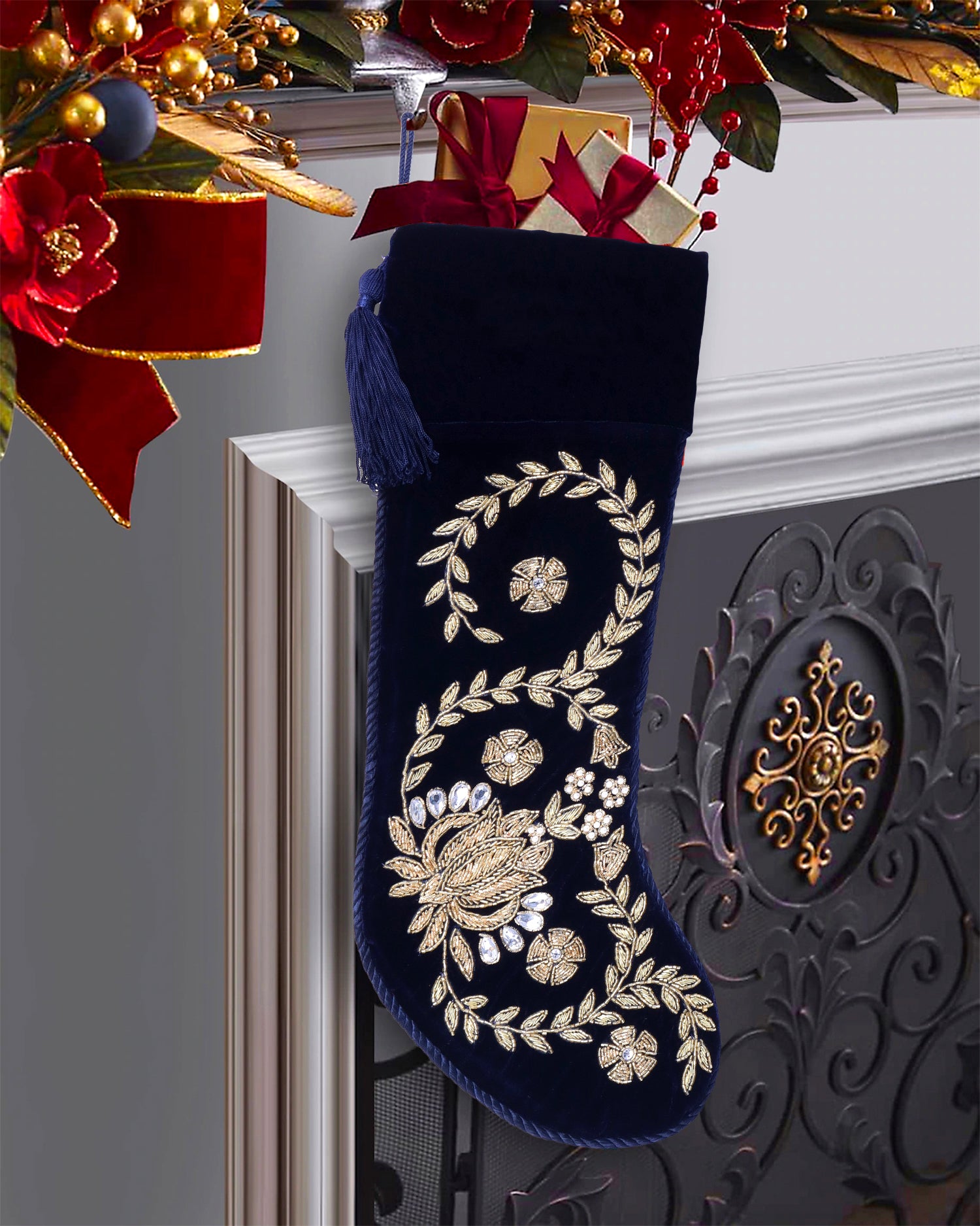 PERSONALISED LOTUS NAVY BLUE VELVET CHRISTMAS STOCKING