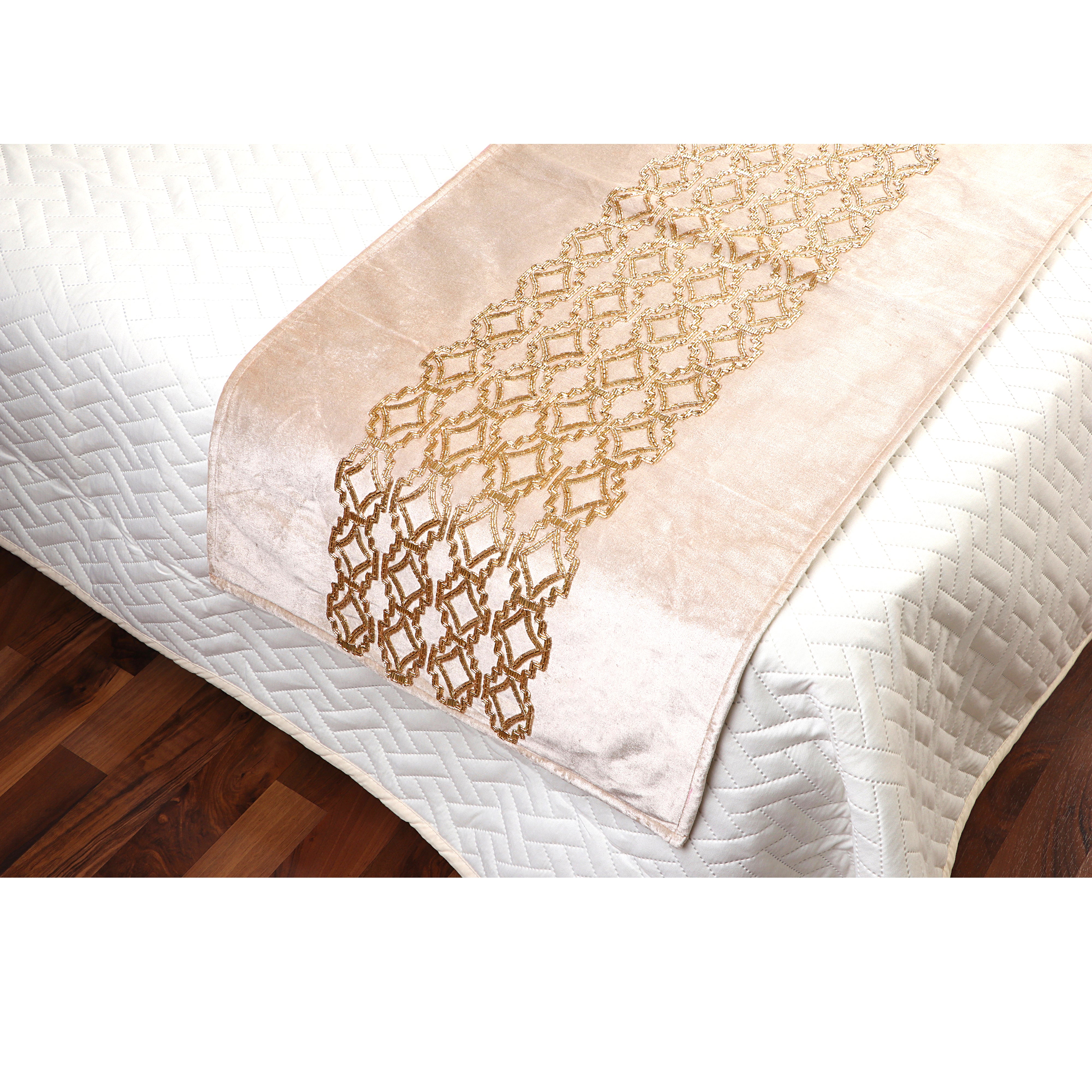 The Vintage criss cross Beige Velvet Bed Runner With Matching Decorative Throw Pillows Beaded in Criss cross pattern