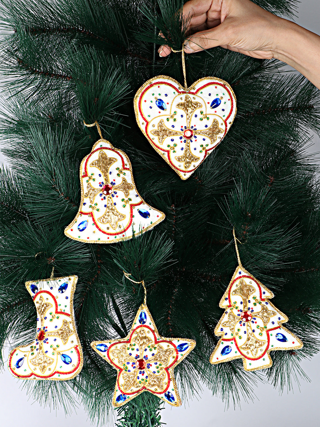 Snowy Sparkle - Stars, Hearts, Bell, Shoe & tree Christmas ornaments set of 5 pieces for holiday decor (1SET=5PC)