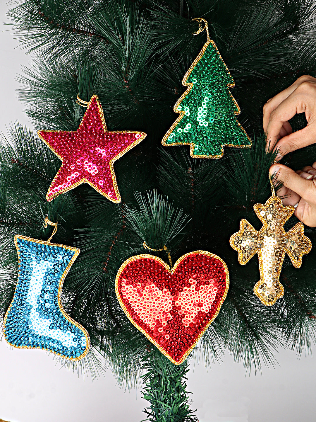 Sparkling Charm - Stars, Hearts, Cross, Shoe & tree Christmas ornaments set of 5 pieces for holiday decor (1SET=5PC)