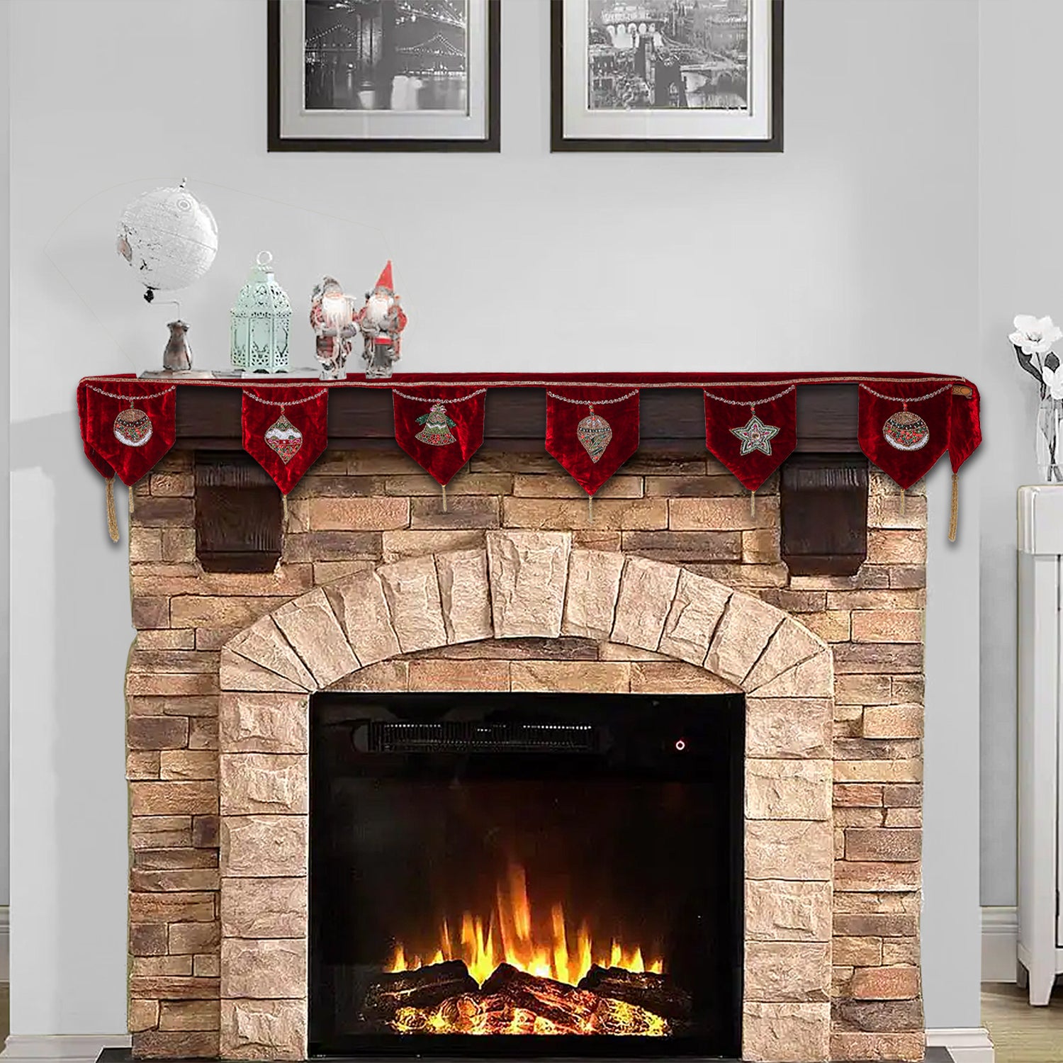 Ornament Red Velvet Christmas Mantle Scarf Available in 2 sizes 60" & 72". Fireplace Christmas Scarf