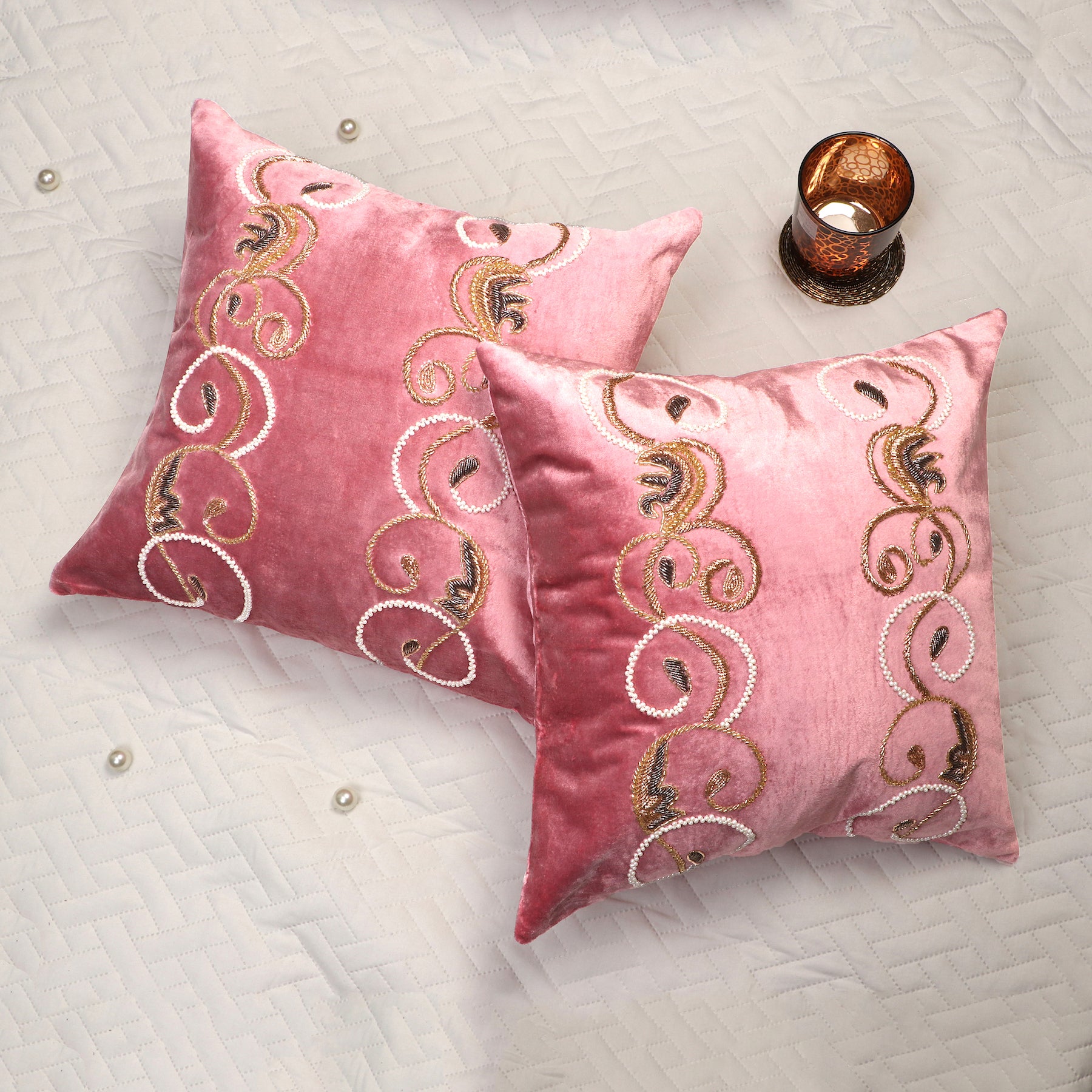 Autumn Swirl Pillow Cover -Rose pink Velvet Decorative Throw Pillow Cover Beaded in swirl leaf pattern