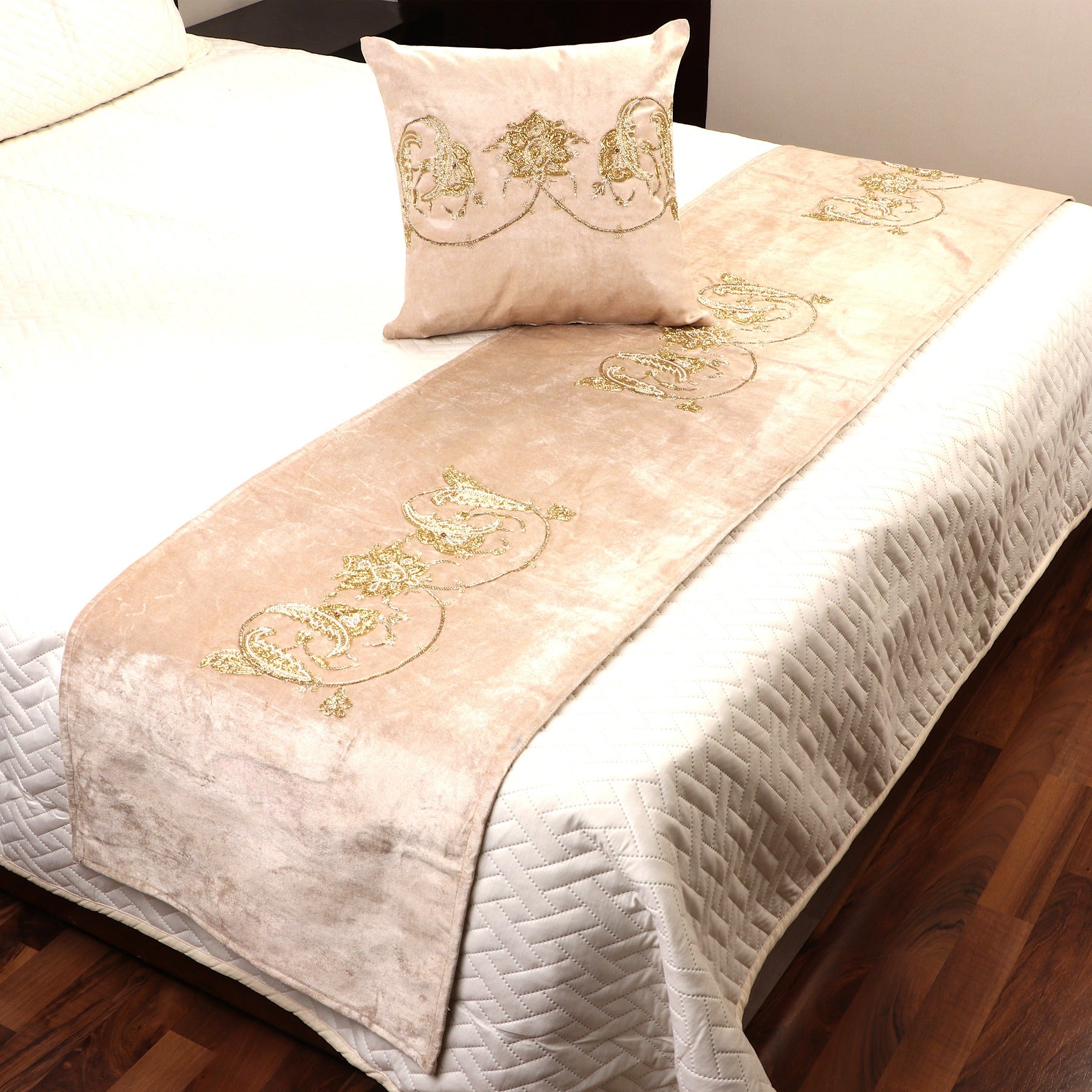 The Victorian Beige Velvet Bed Runner With Matching Decorative Throw Pillows Beaded in victorian Leaf